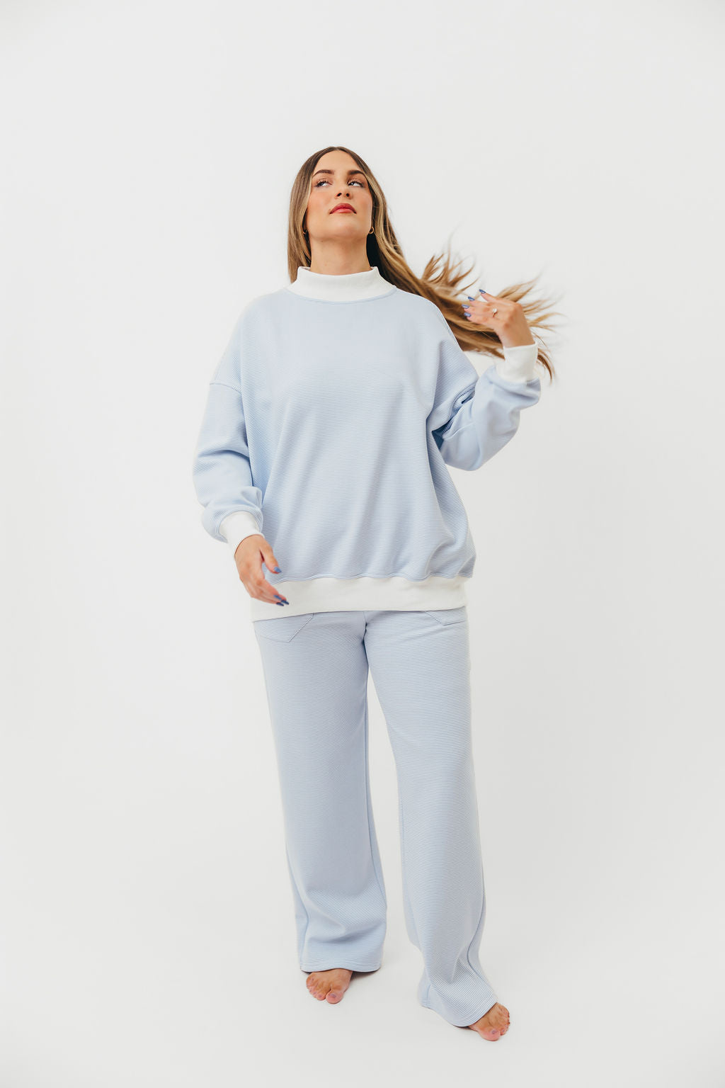 Cynthia Mini Striped Mock Neck Sweatshirt - Blue and White Pullover for Women | Casual Fall & Winter Fashion | Perfect for Layering, Coffee Dates & Weekend Outings