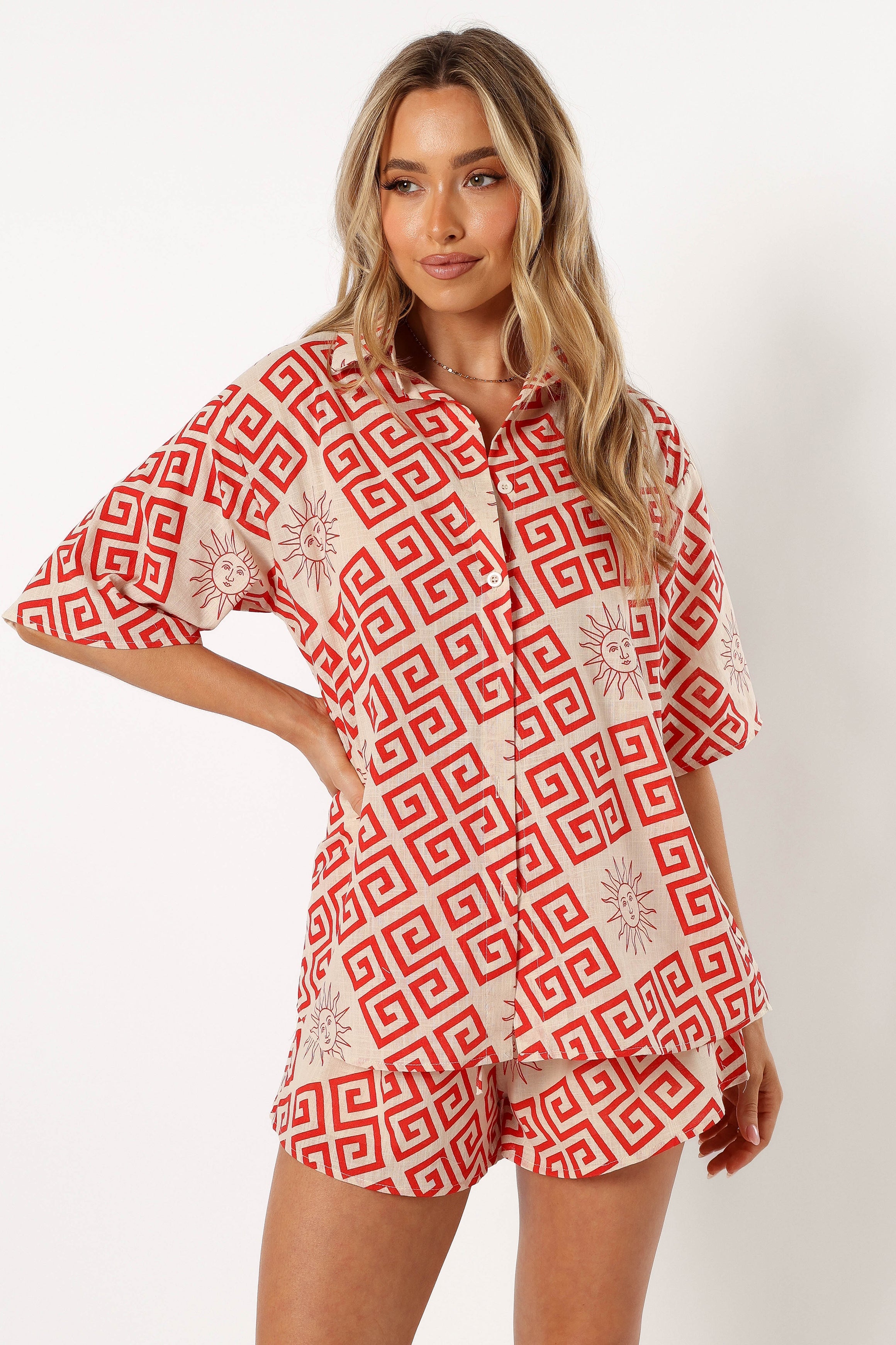 Isabella Women's Short Sleeve Top & Shorts Set - Beige & Red Casual Summer Outfit for Beach, Vacation, and Everyday Wear