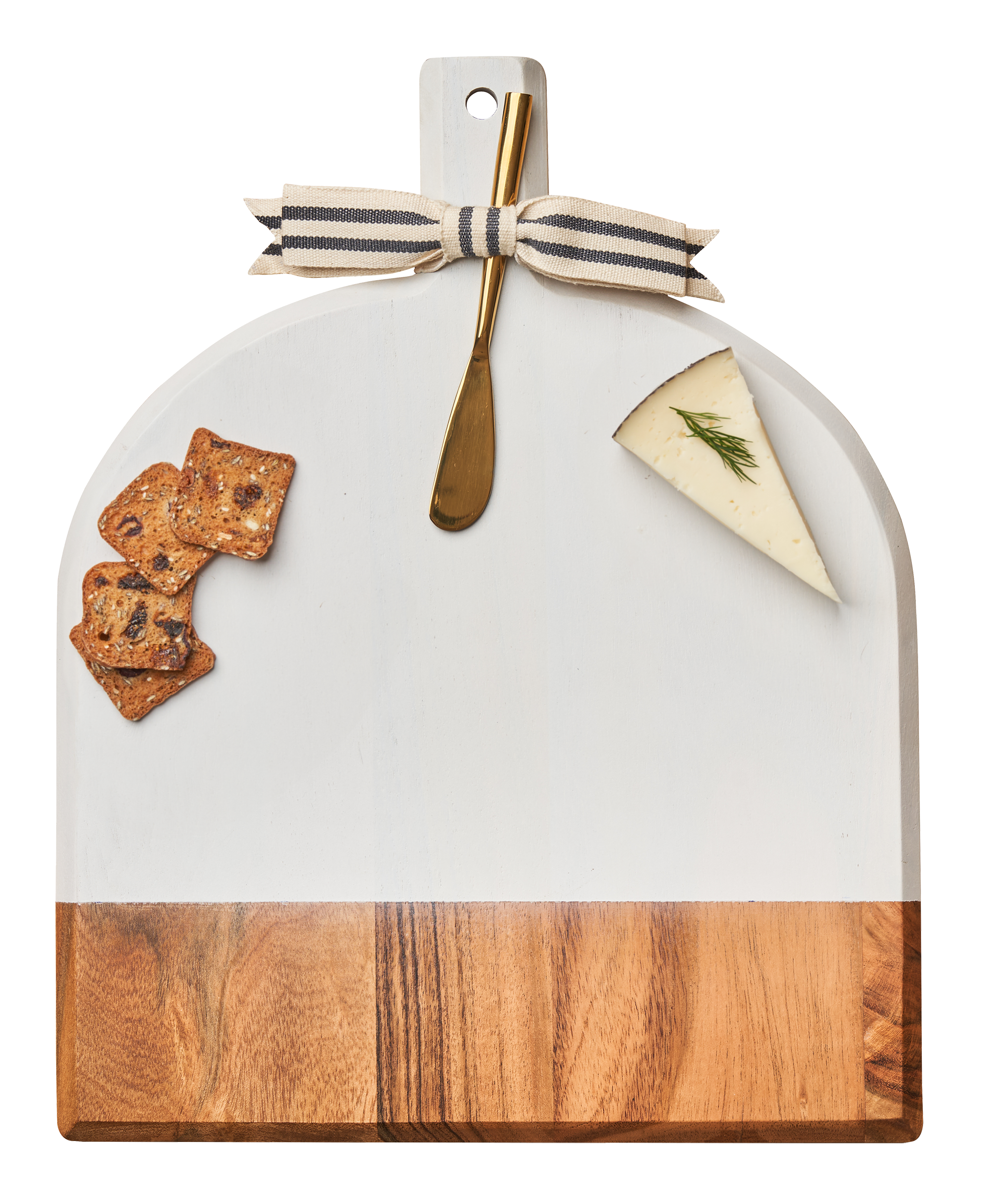 Premium Acacia Wood Beveled Cutting Board with Ribbon & Gold Spreader Knife - 15
