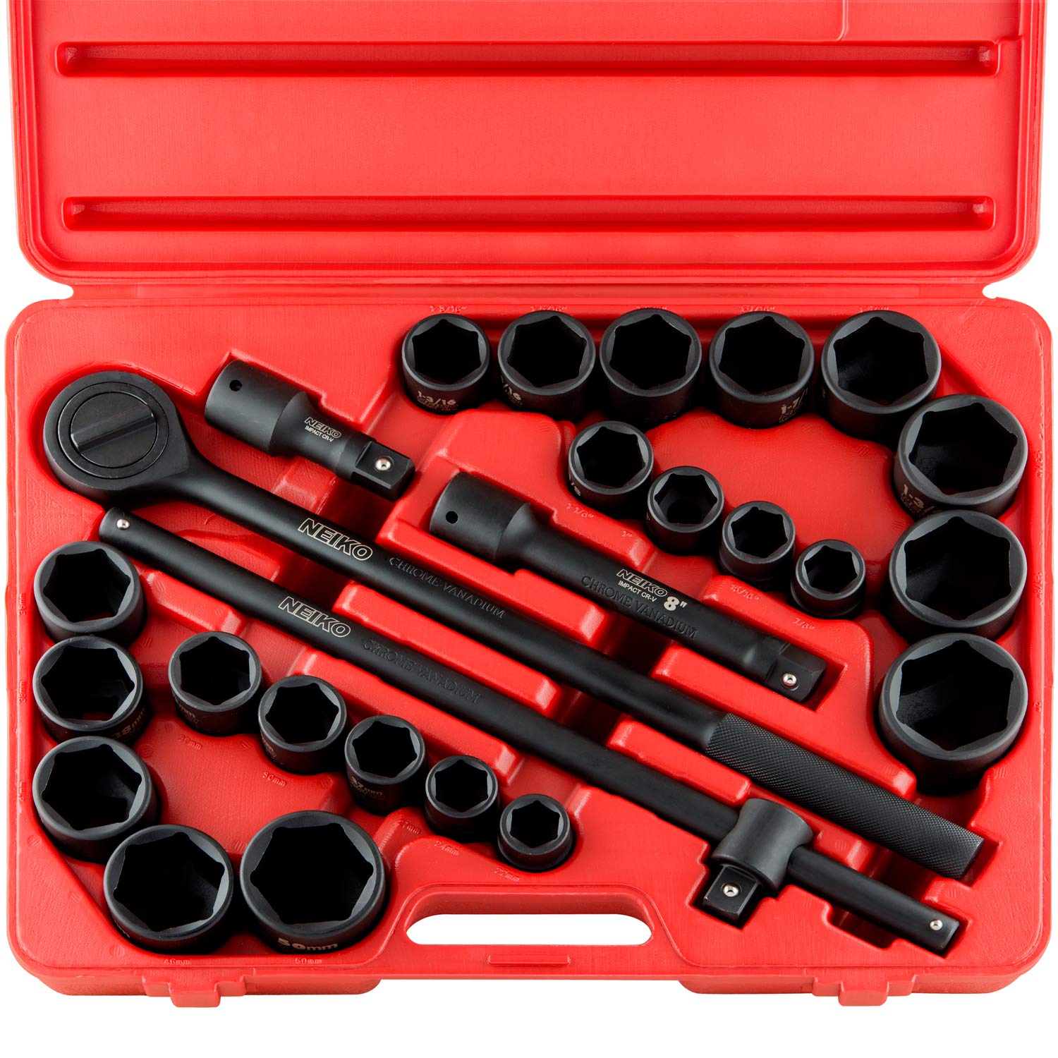 NEIKO 02499A 3/4-Inch Drive Jumbo Master Impact Socket Set - 27-Piece SAE & Metric Shallow Sockets (7/8
