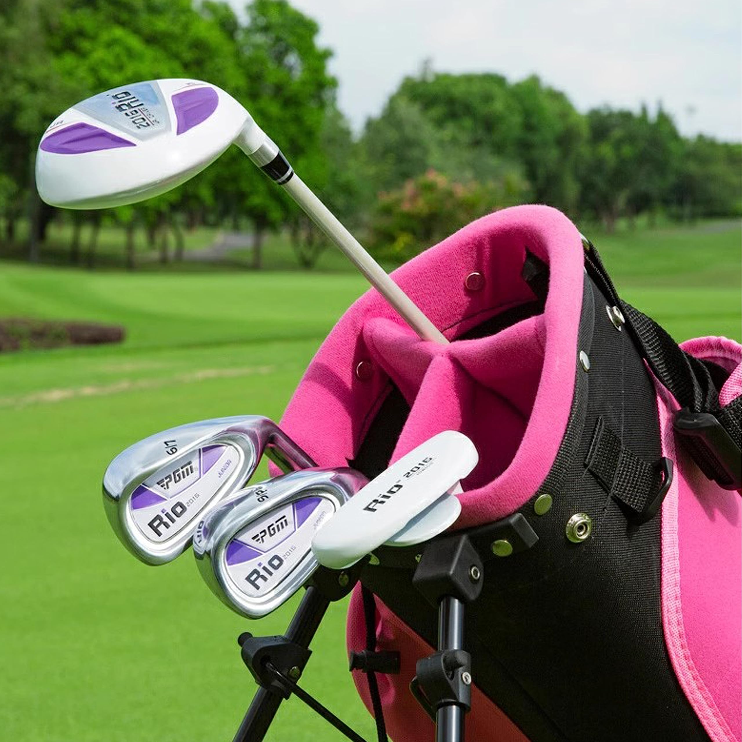 PGM Junior Golf Club Set for Kids - Right Handed Complete Set with 1 Wood, 2 Iron, Putter & Stand Bag - Perfect for Boys & Girls Learning Golf - Ideal for Backyard Practice, Driving Range & Junior Tournaments