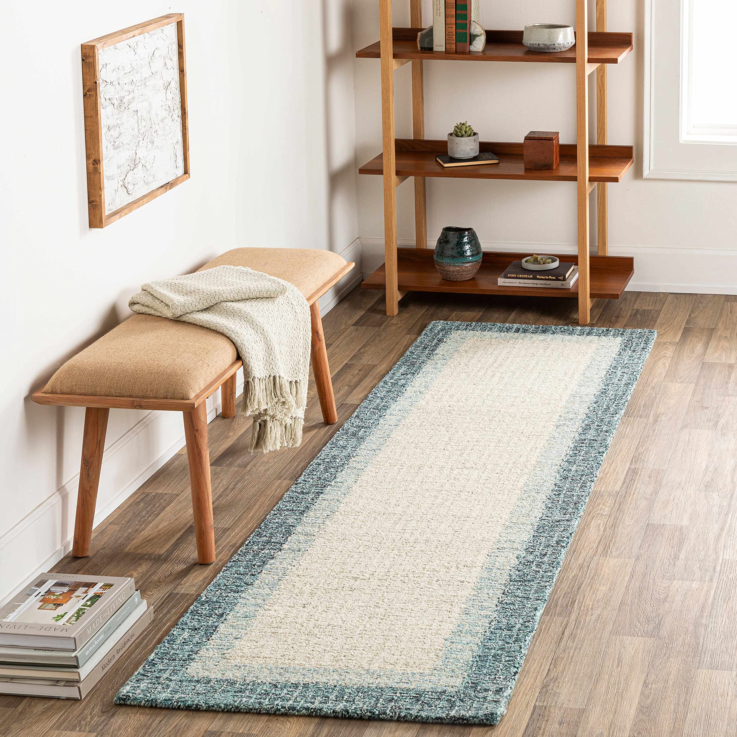 Modern Hauteloom Padada Wool Area Rug for Living Room & Bedroom - Soft Beige & Blue - 8'10