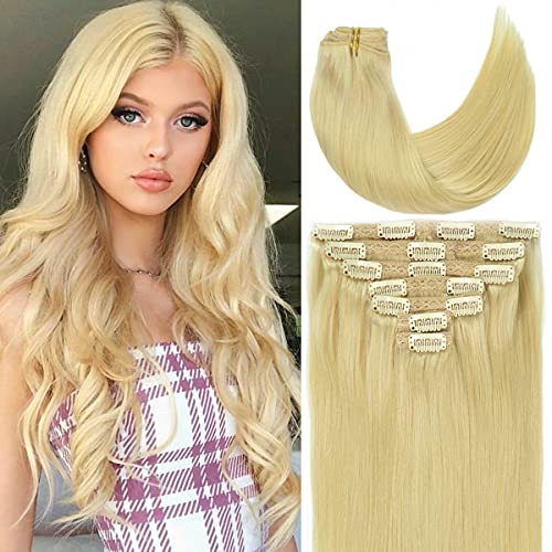 Caliee Clip-in Human Hair Extensions #613 Bleach Blonde - 7pcs 22inch 140g Double Weft Seamless Natural Hair Extensions for Women - Perfect for Parties, Weddings & Daily Styling