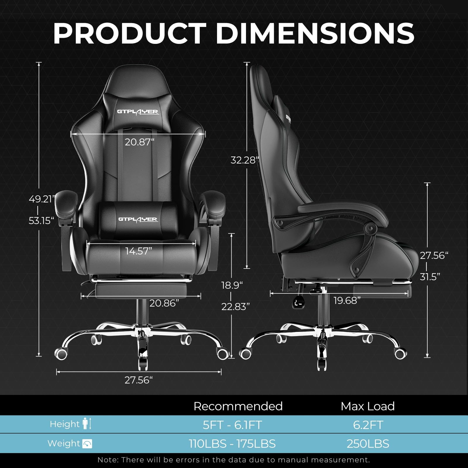 GTPLAYER Ergonomic Gaming Chair - Adjustable Office Computer Chair with Footrest, Lumbar Support & 360° Swivel - PU Leather Racing Style Gamer Chair for Home & Office (Black) - Perfect for Long Gaming Sessions & Work From Home