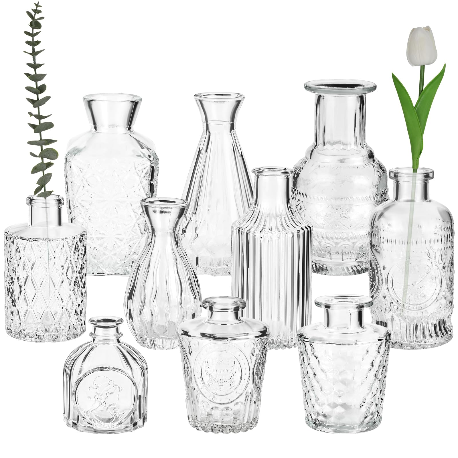 Hanmir Set of 10 Clear Glass Bud Vases - Bulk Small Flower Vases for Wedding Centerpieces, Home Table Decor, and Vintage Style Arrangements - Perfect for Weddings, Parties, and DIY Floral Displays