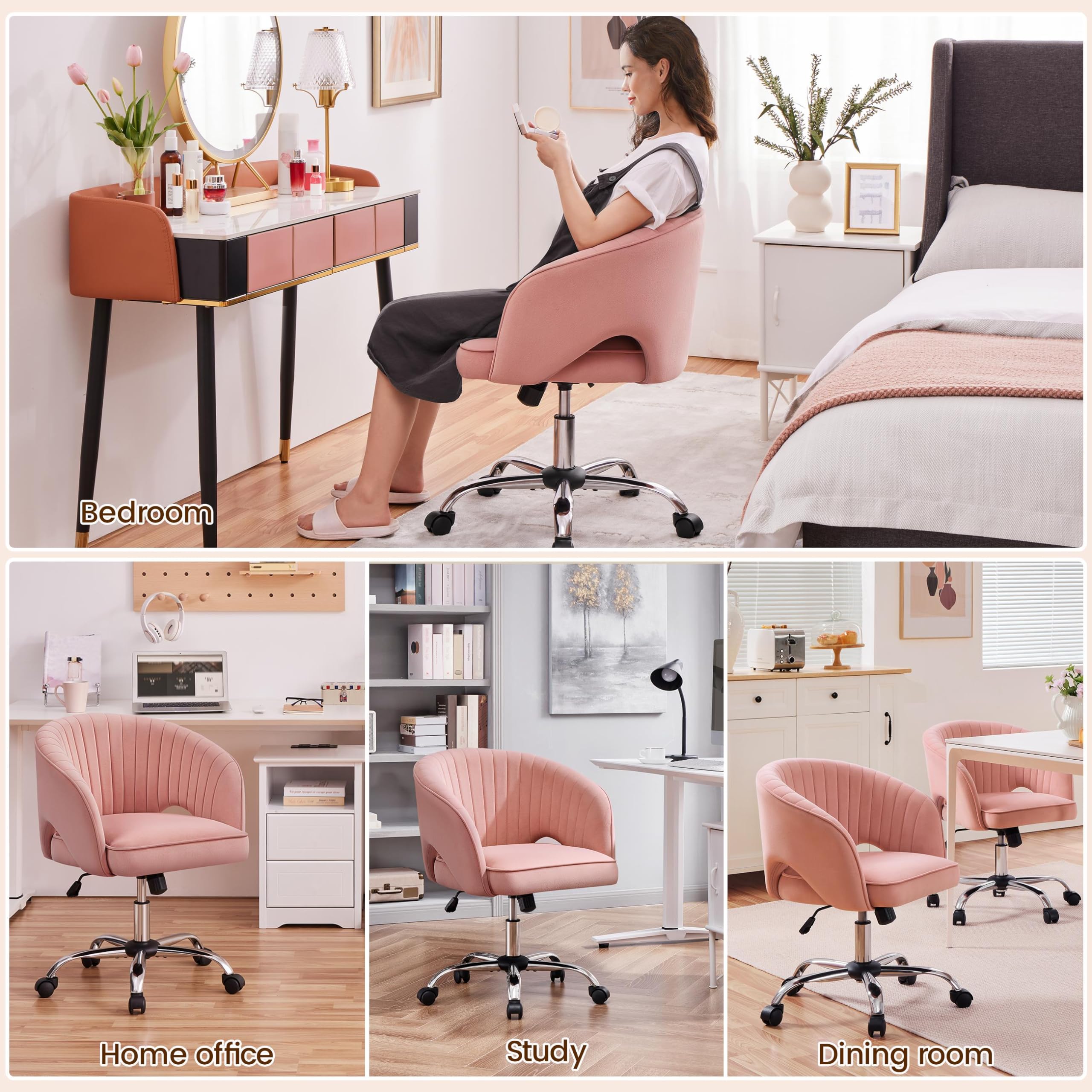 Yaheetech Pink Modern Swivel Rolling Desk Chair with Back - Ergonomic Home Office Chair, Vanity Chair for Study, Bedroom & Workspace - Comfortable Computer Chair for Women & Girls