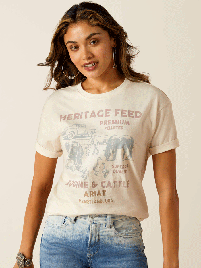 Ariat Women's Feed T-Shirt - Soft Comfortable Oatmeal Heather Cotton Tee for Casual Wear & Outdoor Activities