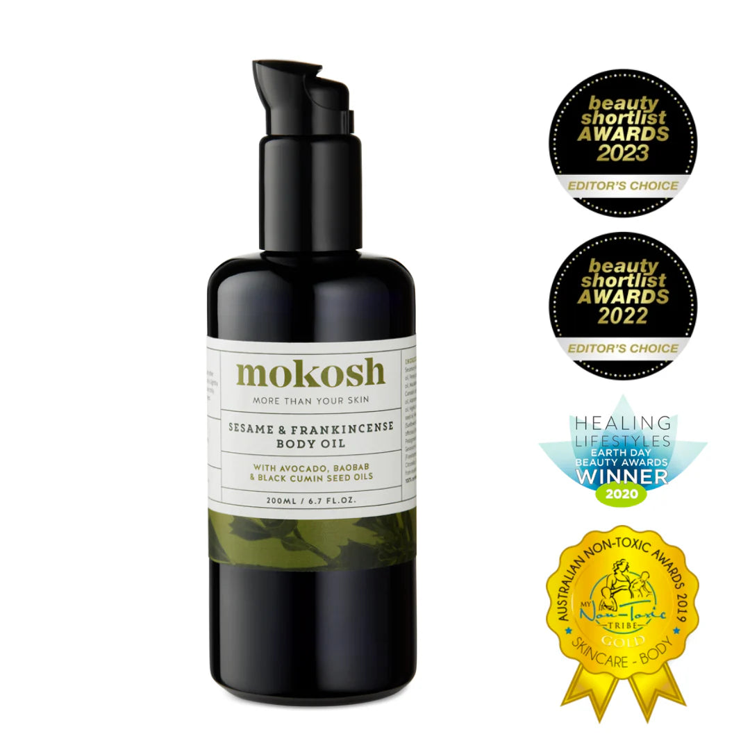 Organic Mokosh Sesame & Frankincense Body Oil 200ml - Hydrating & Anti-Aging Skin Care for Dry Skin - Perfect for Massage, Aromatherapy & Nighttime Relaxation