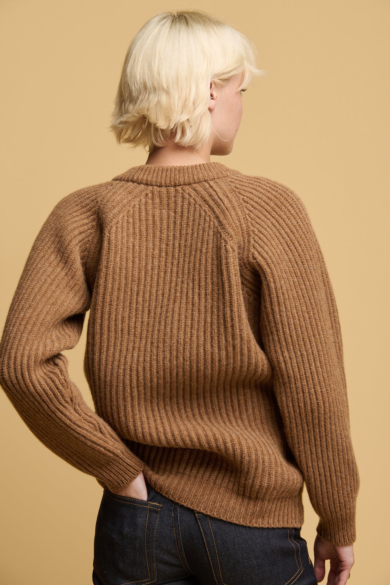 Women's Lambswool Fisherman Ribbed Sweater - Dark Camel | Warm Winter Knit Pullover for Casual Outfits & Cozy Layering