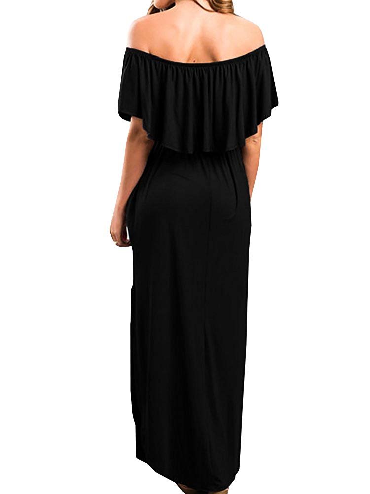 LILBETTER Women's Off The Shoulder Ruffle Party Dress with Side Slit - Flowy Beach Maxi Dress for Summer Vacations, Weddings & Date Nights