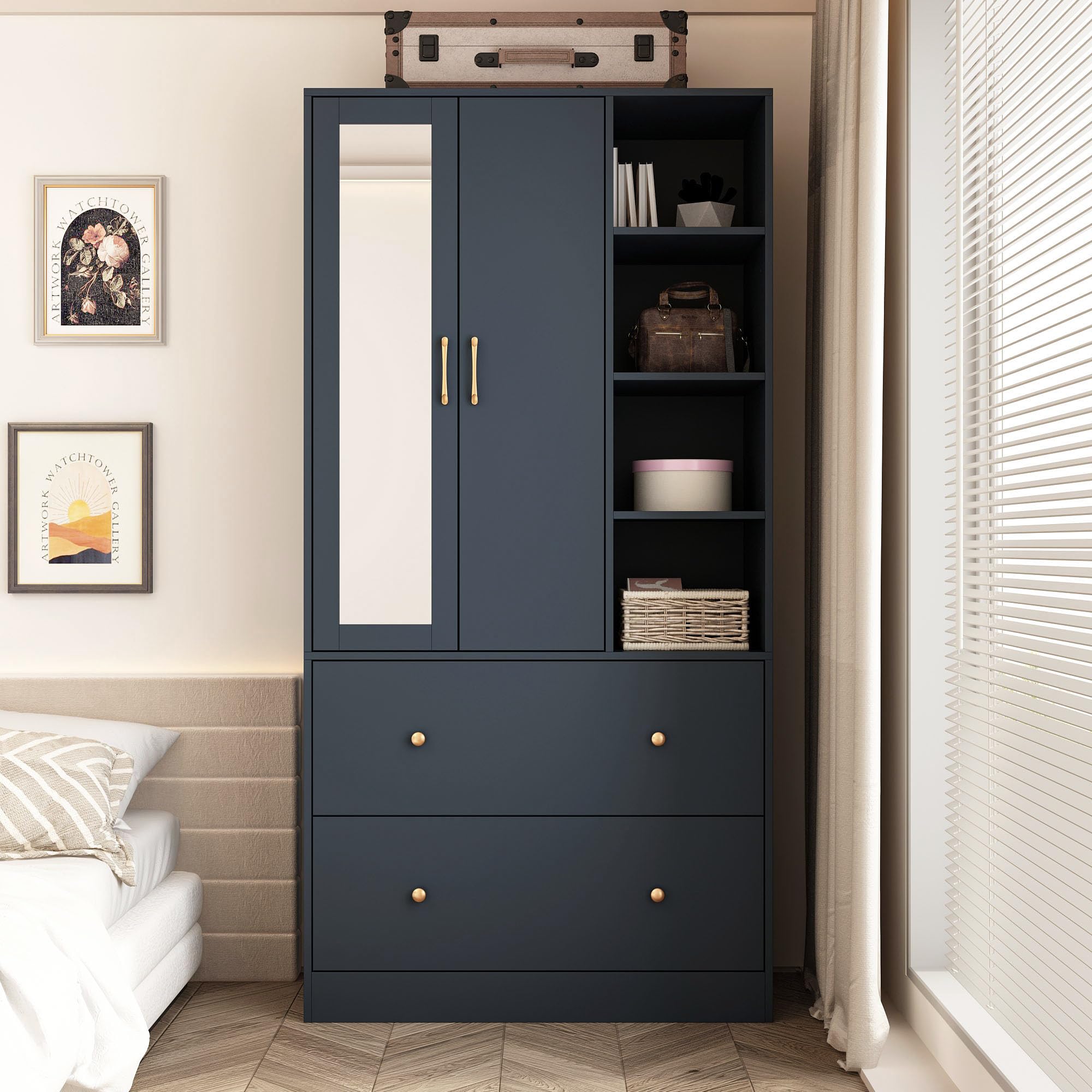 Homsee Wooden Wardrobe Armoire with Mirror - 2 Doors, 2 Drawers & 4 Storage Cubes - Freestanding Closet Organizer with Hanging Rod for Bedroom - Navy Blue (35.5”L x 15.8”W x 70.8”H) - Perfect for Small Spaces, Dorm Rooms & Apartment Storage Solutions