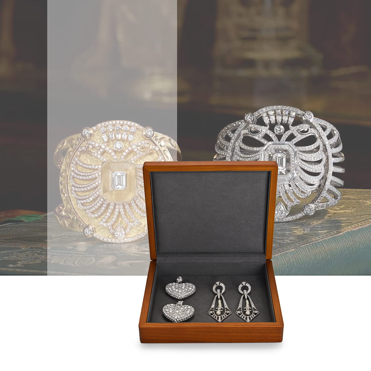 Solid Wood Jewelry Box Organizer with Lid - Ring Earrings Drawer Tray for Women, Grey Flat Storage Box | Perfect for Travel, Home Vanity & Gift Giving