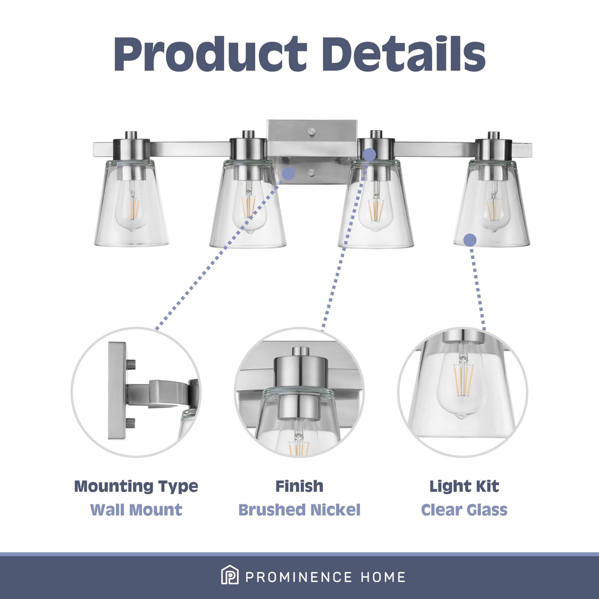 Prominence Home Fairendale 4-Light Brushed Nickel Bathroom Vanity Light with Clear Glass Shades - 51528-01 | Modern Bathroom Lighting for Vanity Mirror, Powder Room & Makeup Area