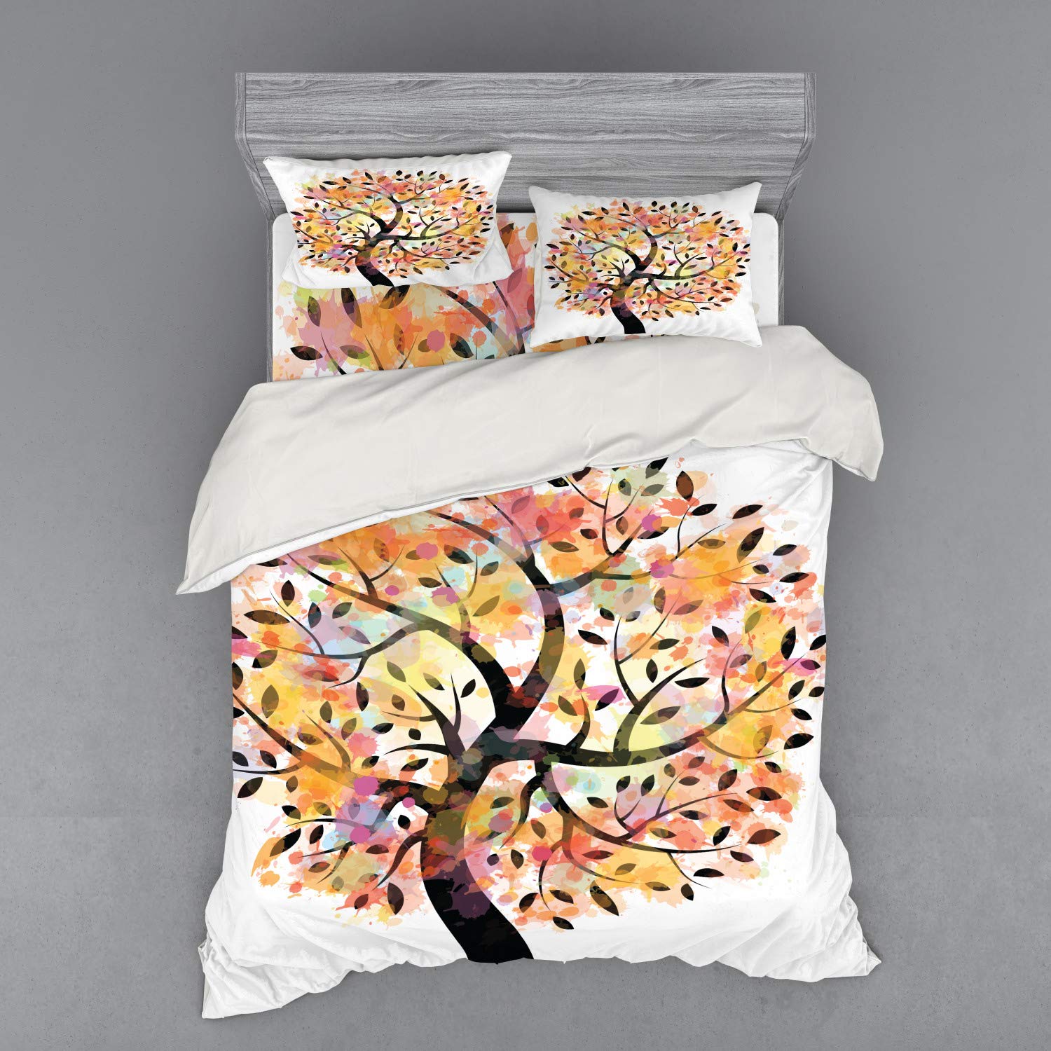 Ambesonne Tree Bedding Set - Colorful Spring Leaves Abstract Painting Duvet Cover, 4 Piece Queen Size with Shams & Fitted Sheet | Pastoral Style Home Decor for Master Bedroom, Guest Room & Dorm