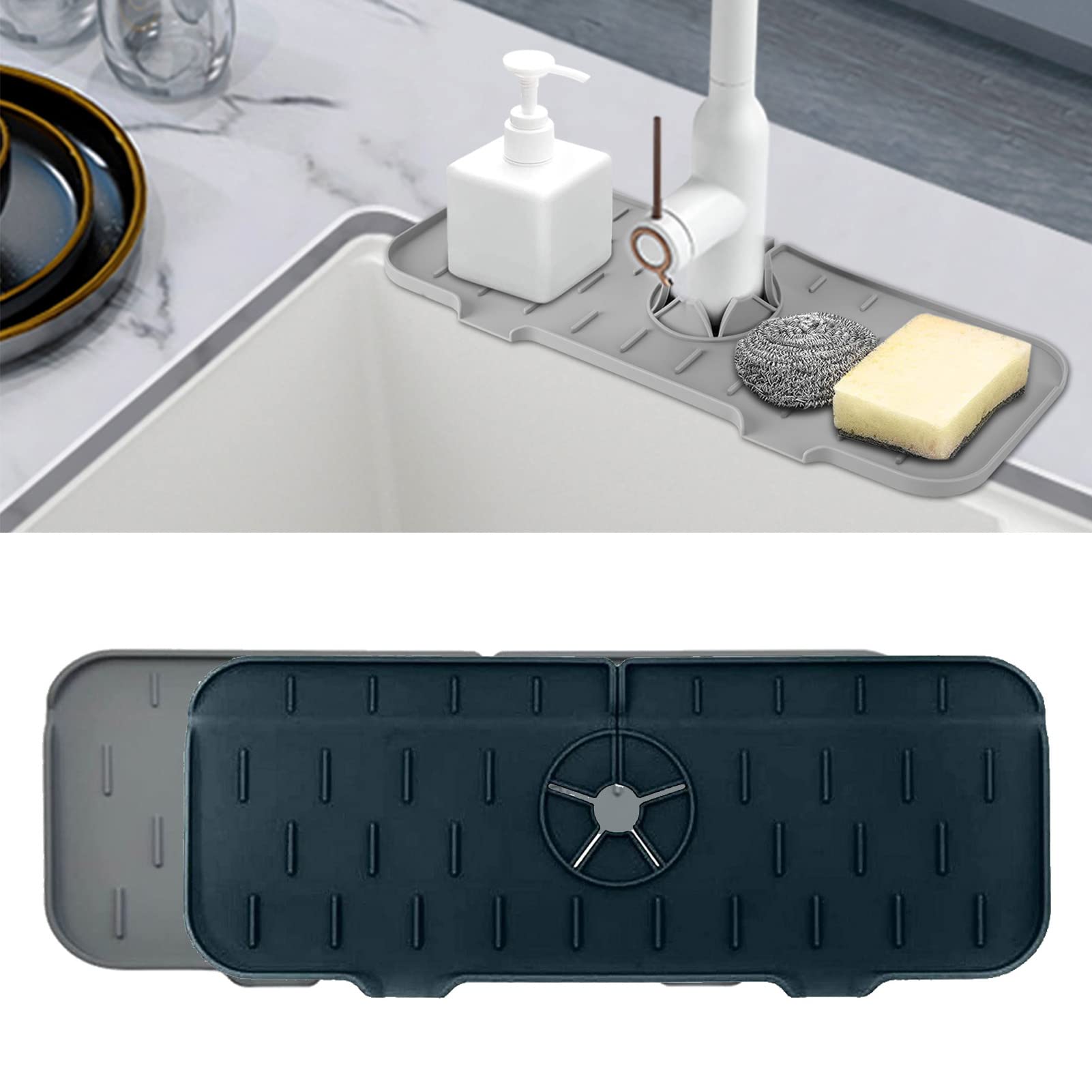 KitchenGuard Silicone Faucet Handle Drip Catcher Tray - 2 Pack (Grey & Blue) | Non-Slip Sink Protector Mat | Water Splash Prevention for Kitchen & Bathroom Faucets | Perfect for Cleaning, Cooking & Hand Washing