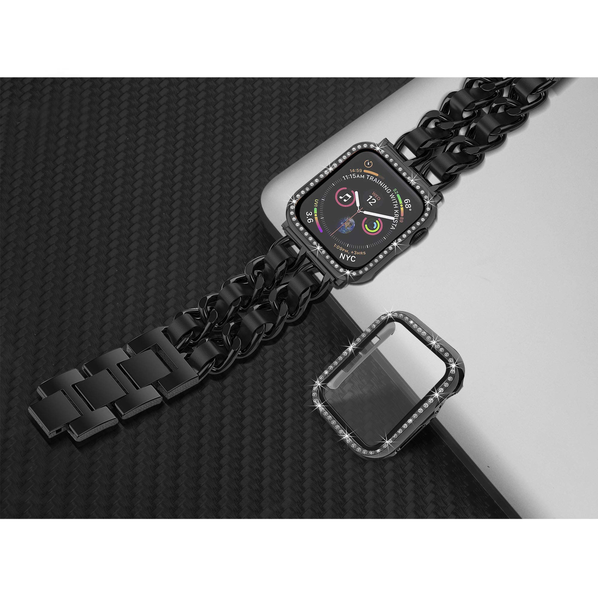 Mosonio Luxury Metal & Leather Apple Watch Band 44mm Compatible with Series SE/6/5/4 - 2-Pack Bling Case Cover & Screen Protector - Elegant Jewelry Bracelet for Women (Black Link with Black Leather) | Perfect for Work, Gym & Evening Events