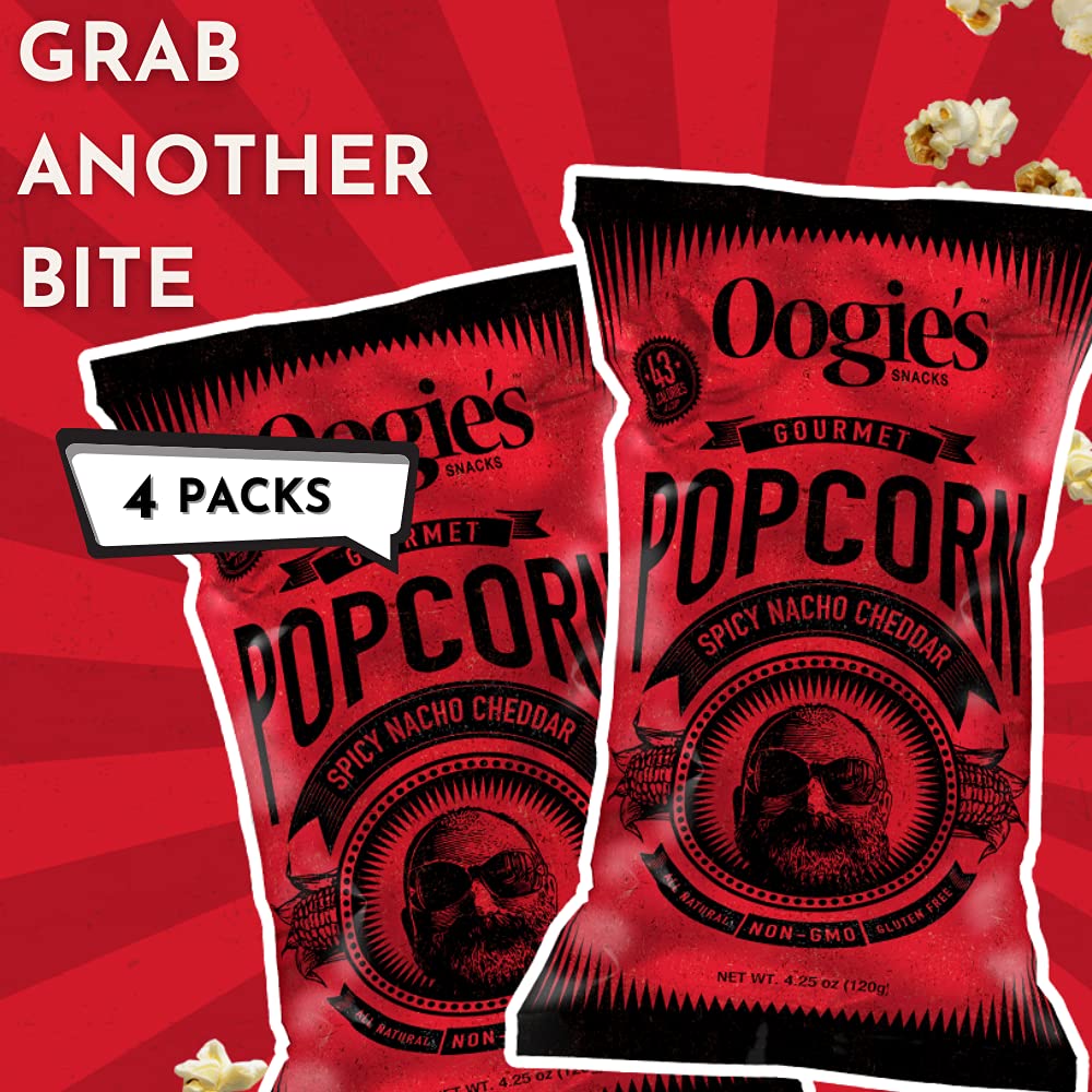 Oogie's Gourmet Popcorn - 4 Pack Spicy Nacho Cheddar Flavor | Gluten Free, Non-GMO Popcorn Snacks | 4.25oz Big Bags | Perfect for Movie Nights, Parties & Office Snacking