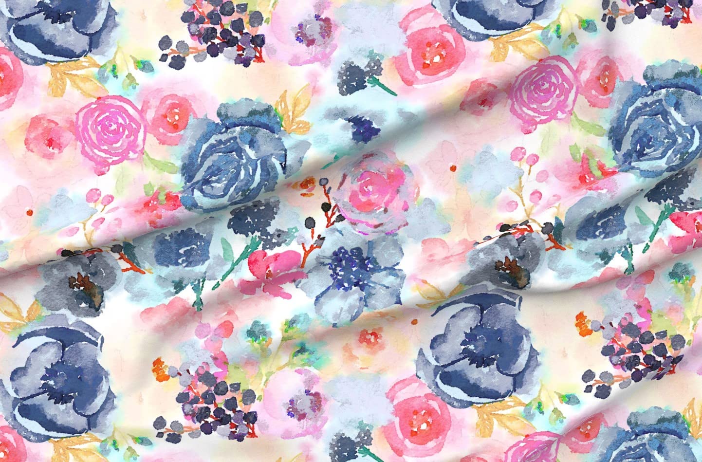 Watercolor Floral Printed Denim Fabric by The Yard - Large Scale Spring Summer Garden Meadow Blooms - Bottomweight Apparel, Home Decor & Upholstery Material for DIY Sewing Projects, Curtains and Throw Pillows