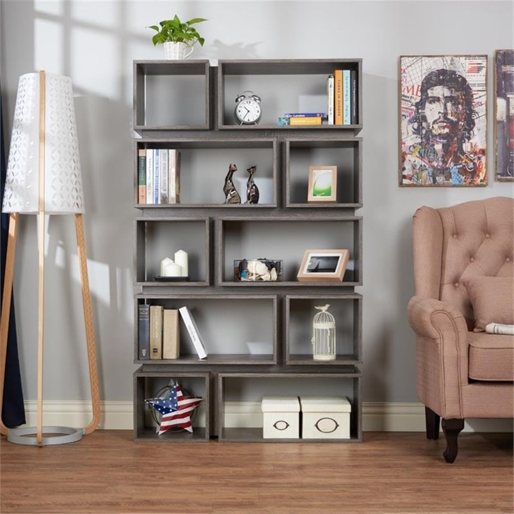 Allora Distressed Gray Bookcase - Rustic Wooden Bookshelf for Living Room, Bedroom & Office Storage