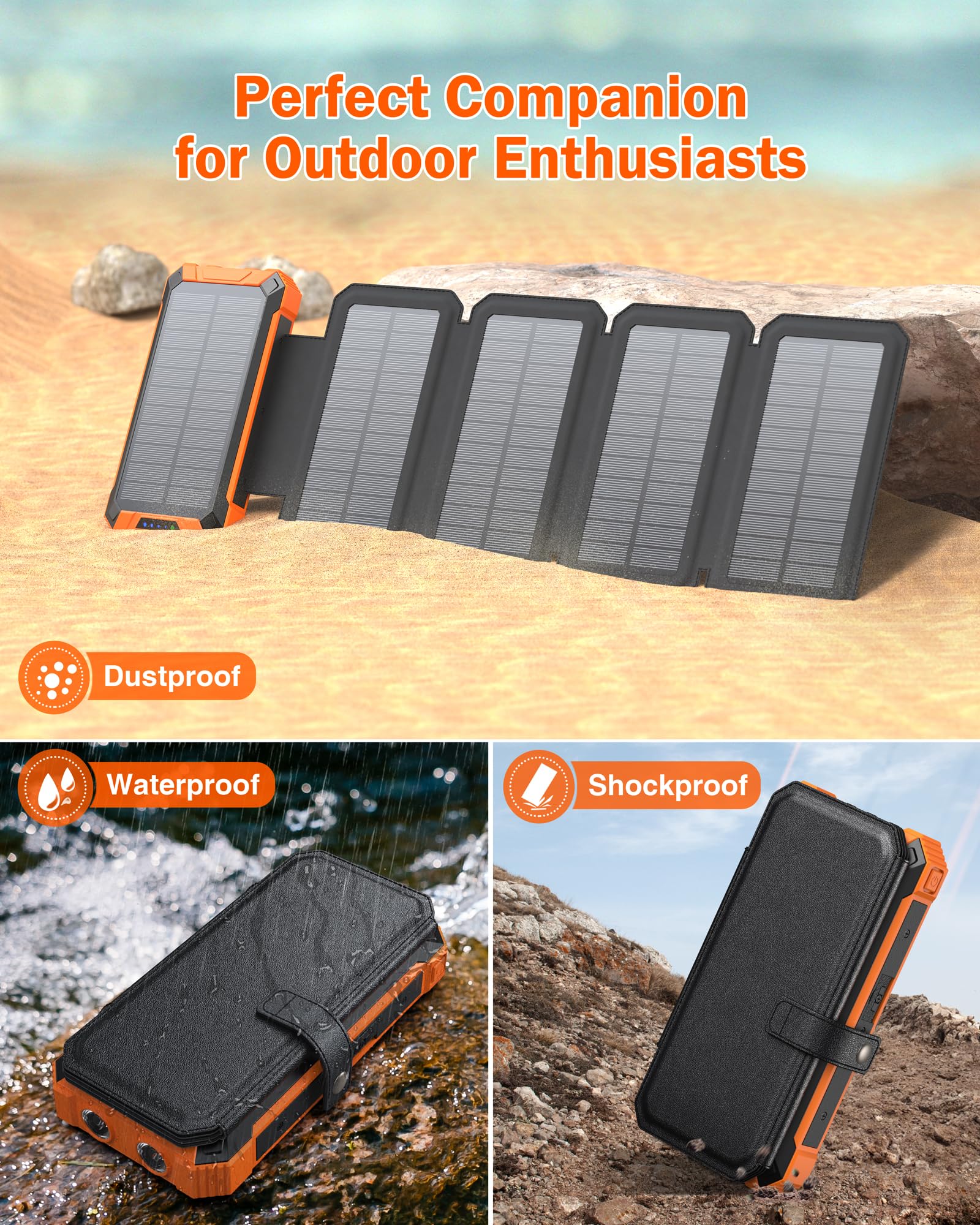 GOODaaa 42800mAh Solar Power Bank with 5 Solar Panels & Wireless Charging | Portable Solar Charger for Camping, Hiking, Emergency Power Outages