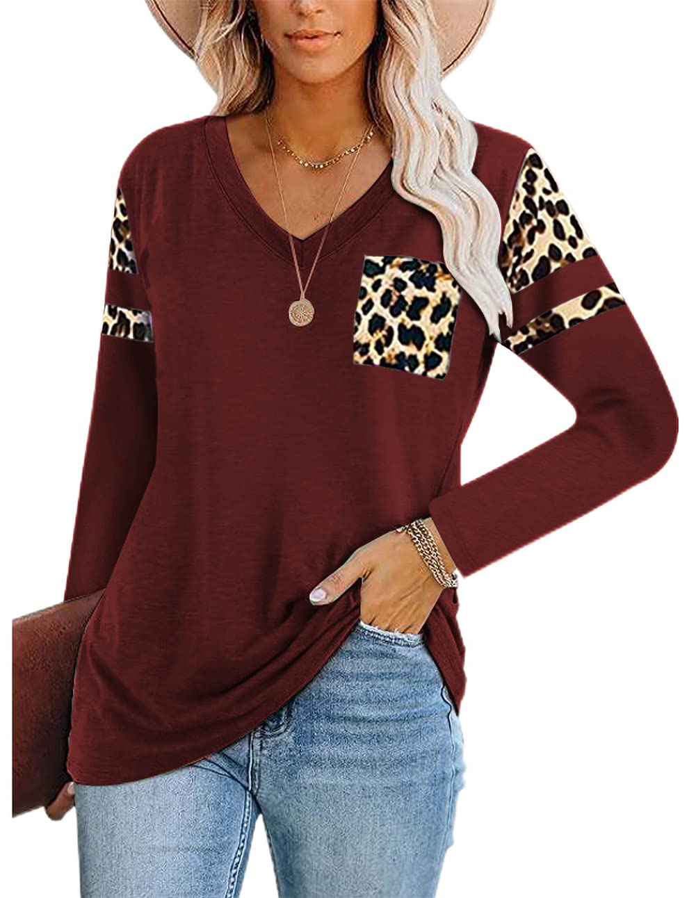 Yuanlar Women's Leopard Print Long Sleeve T-Shirt | Color Block V-Neck Pullover Top | Casual & Stylish for Everyday Wear, Office, or Date Night