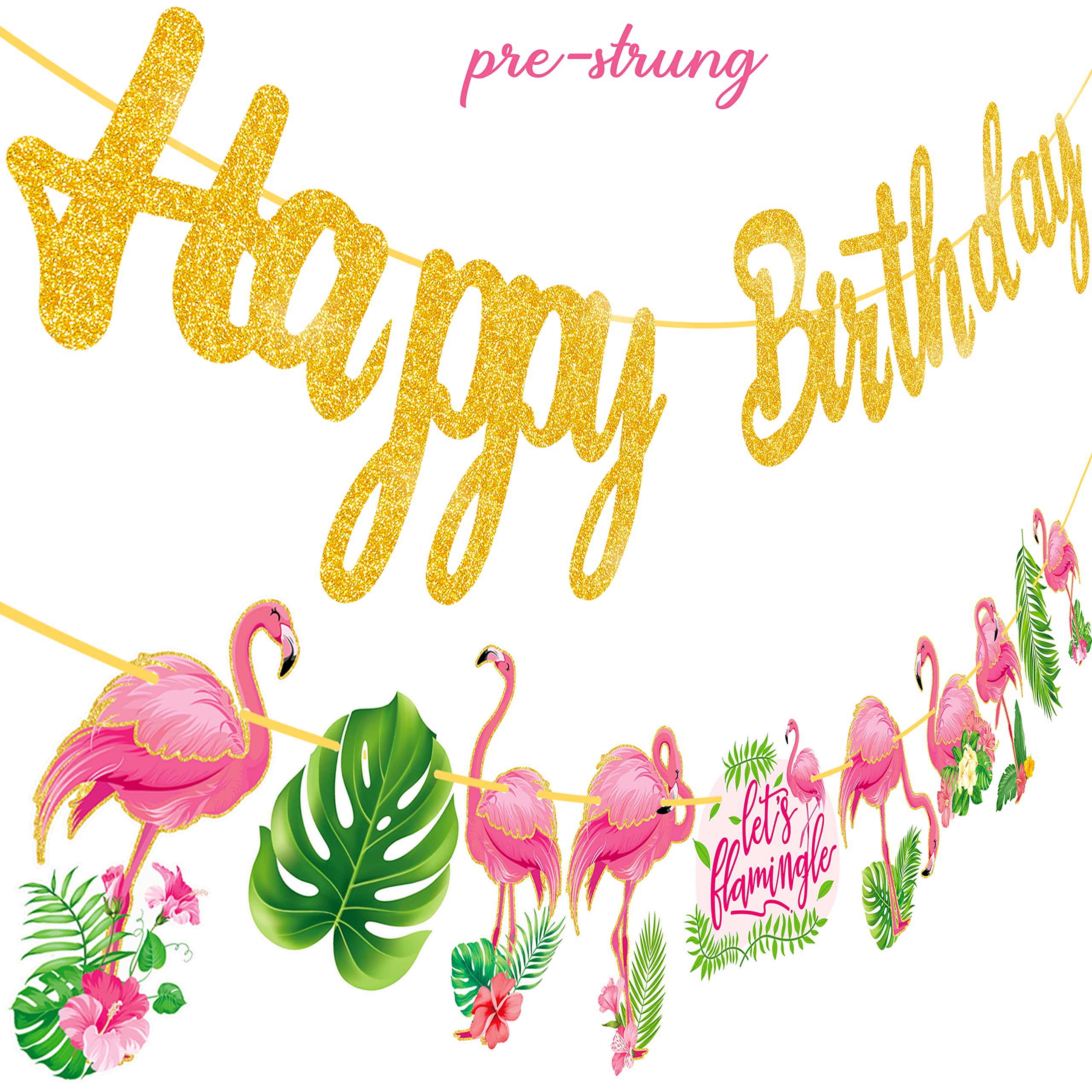 Flamingo Birthday Party Banner - Gold Glitter Happy Birthday Decor for Tropical Luau & Hawaii Theme Party Supplies | Perfect for Beach, Poolside & Summer Birthday Celebrations