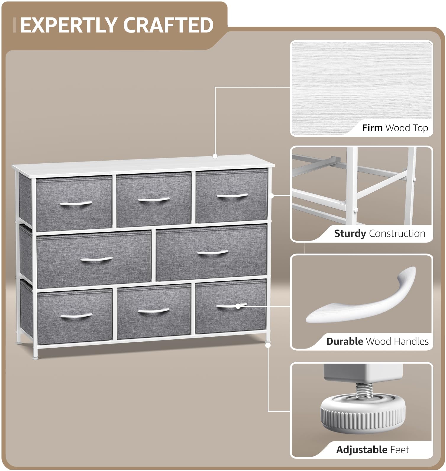 Sorbus 8-Drawer Dresser Organizer - Sturdy Steel Frame with Wood Top & Easy-Pull Fabric Bins for Clothes Storage | Perfect for Bedroom, Hallway, Living Room, Nursery & Closet Organization | Space-Saving Storage Solution for Small Apartments & Dorm Rooms