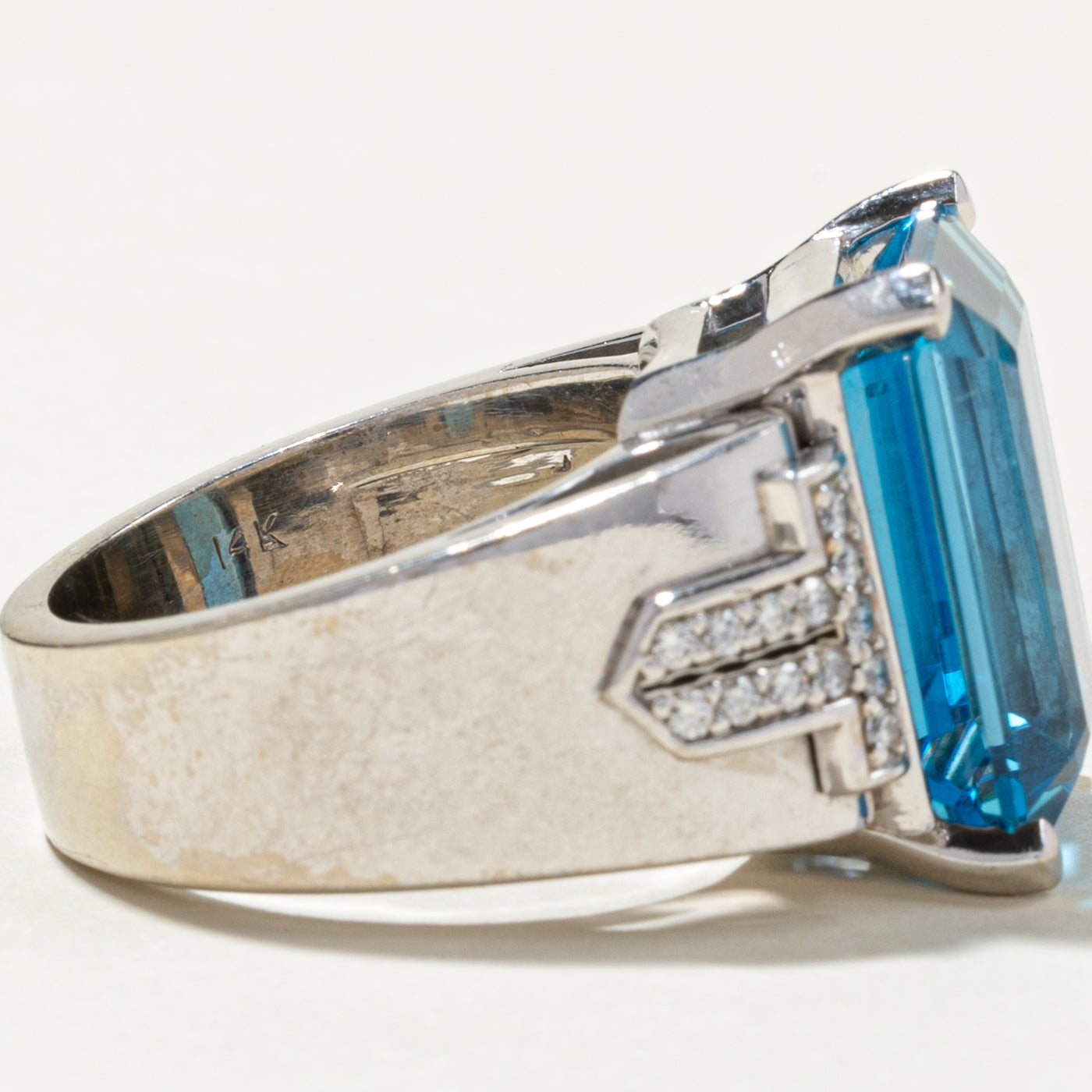 14K Gold Emerald Cut Blue Topaz & Diamond Cocktail Ring - 21.86ct Topaz & 0.39ctw Diamonds - Size 9 - Elegant Evening Wear & Special Occasion Jewelry Gift