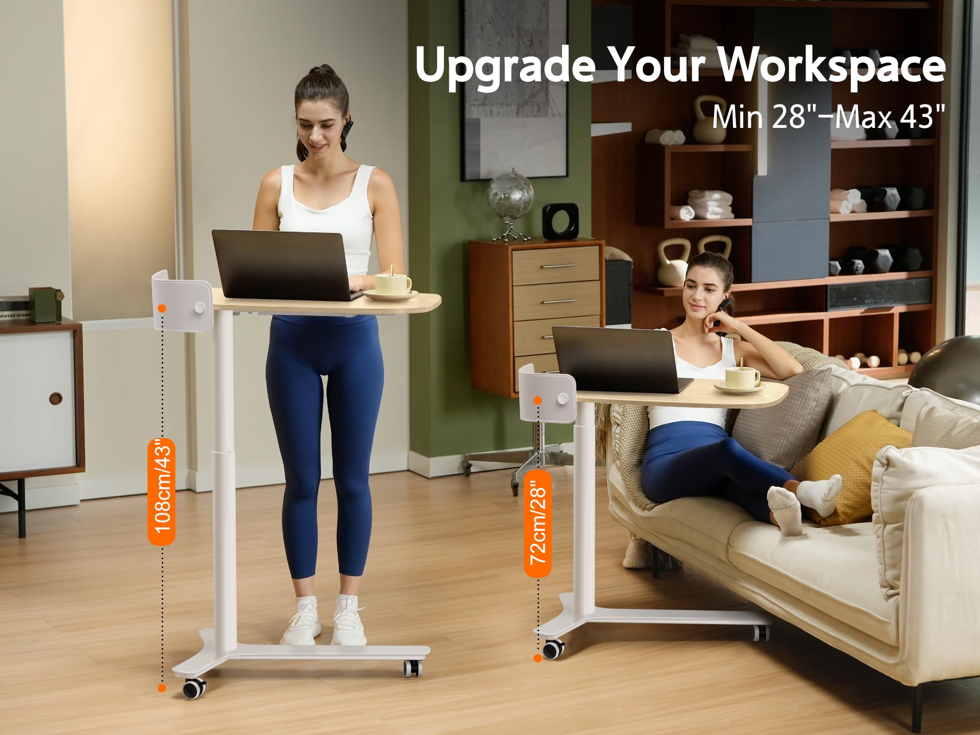 Adjustable Height Rolling Desk with Drawer & Wheels - Portable Standing Desk for Home Office, Mobile Computer Laptop Cart, Medical Overbed Table - Oak Finish | Perfect for Small Spaces, Work from Home & Hospital Use