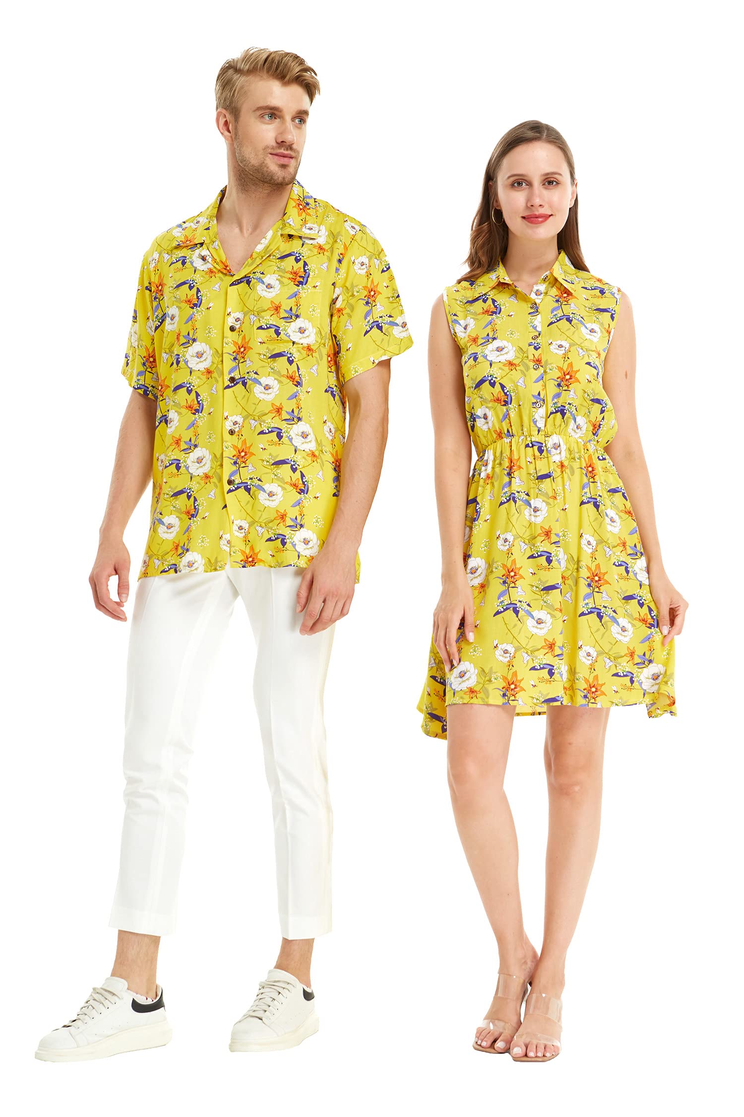 Hawaiian Luau Shirt & Dress Set for Couples - Tropical Garden Poppy Yellow Floral Print - Matching Outfits for Beach Vacation, Summer Party & Date Night