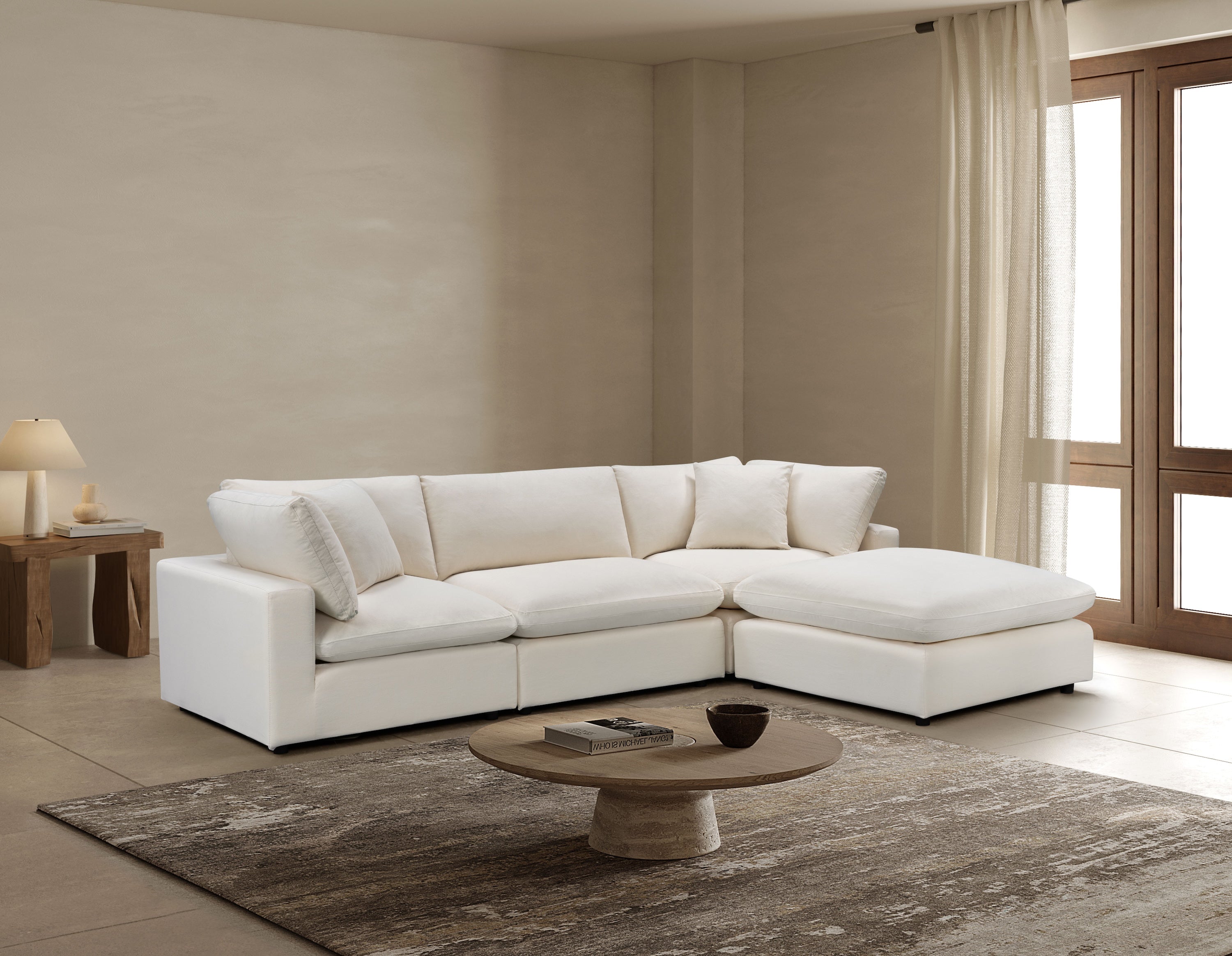 Cali Modular 4-Piece Chaise Sectional Sofa in Sol Ivory - Modern L-Shaped Living Room Furniture for Small Spaces & Apartments