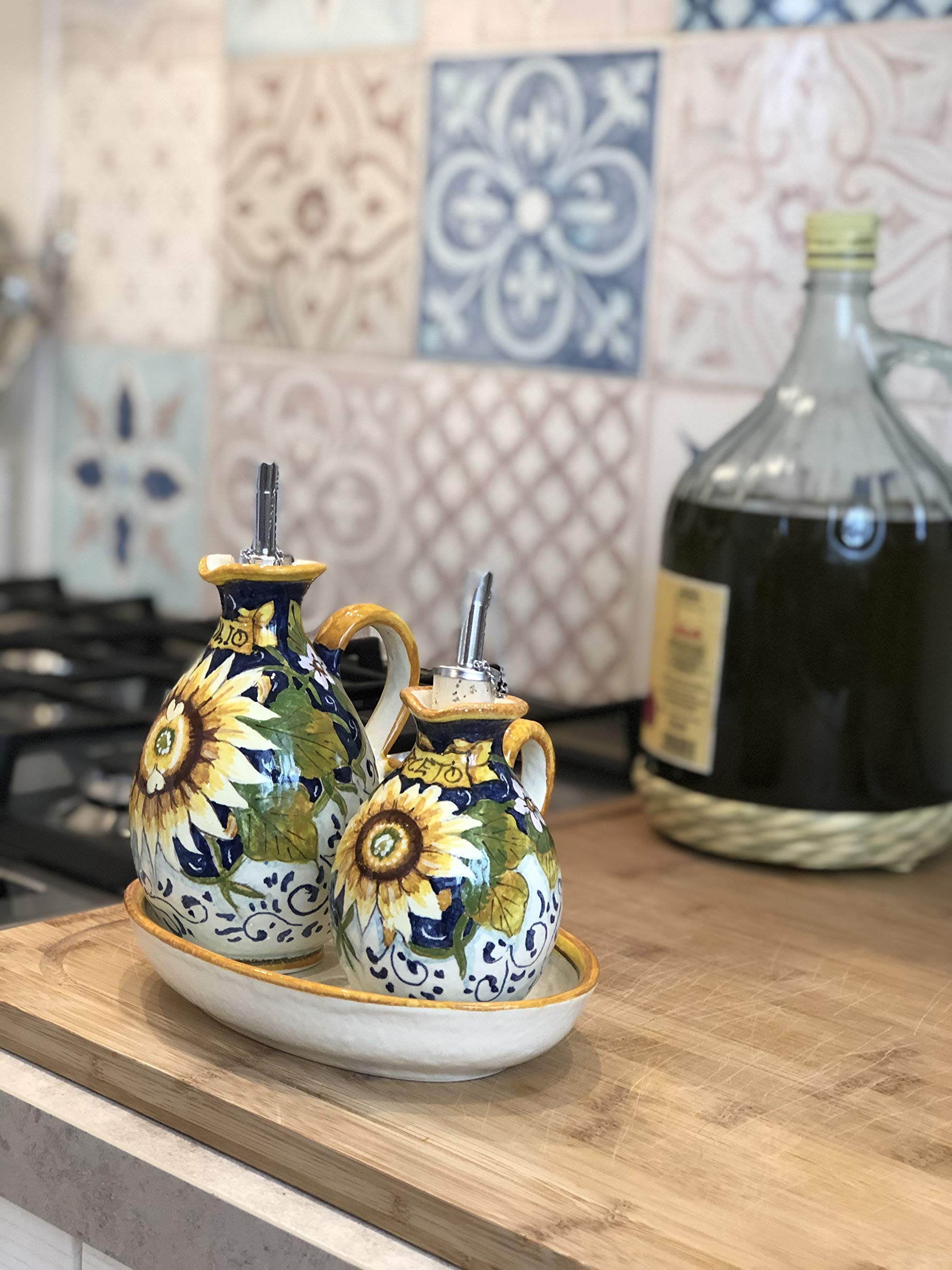 Italian Ceramic Oil and Vinegar Cruet Set with Sunflower Design - Hand Painted Tuscan Art Pottery Made in Italy | Perfect for Kitchen Decor, Dining Table Centerpiece & Gift Giving