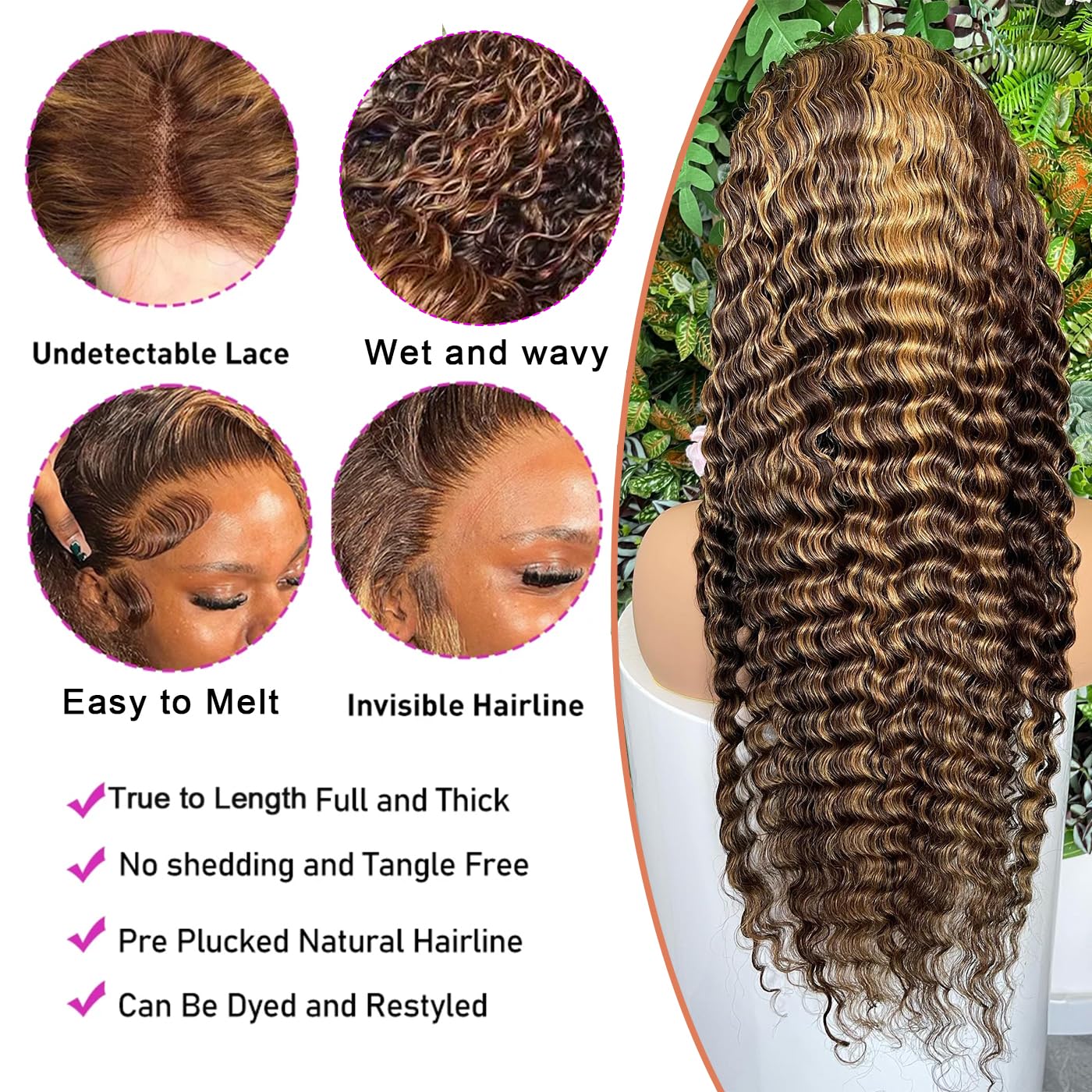 28 Inch 13x6 HD Lace Front Wig - 200% Density Human Hair Deep Wave Ombre (4/27 Honey Blonde) - Pre Plucked Hairline & Glueless Design for Women | Perfect for Daily Wear, Parties & Special Occasions