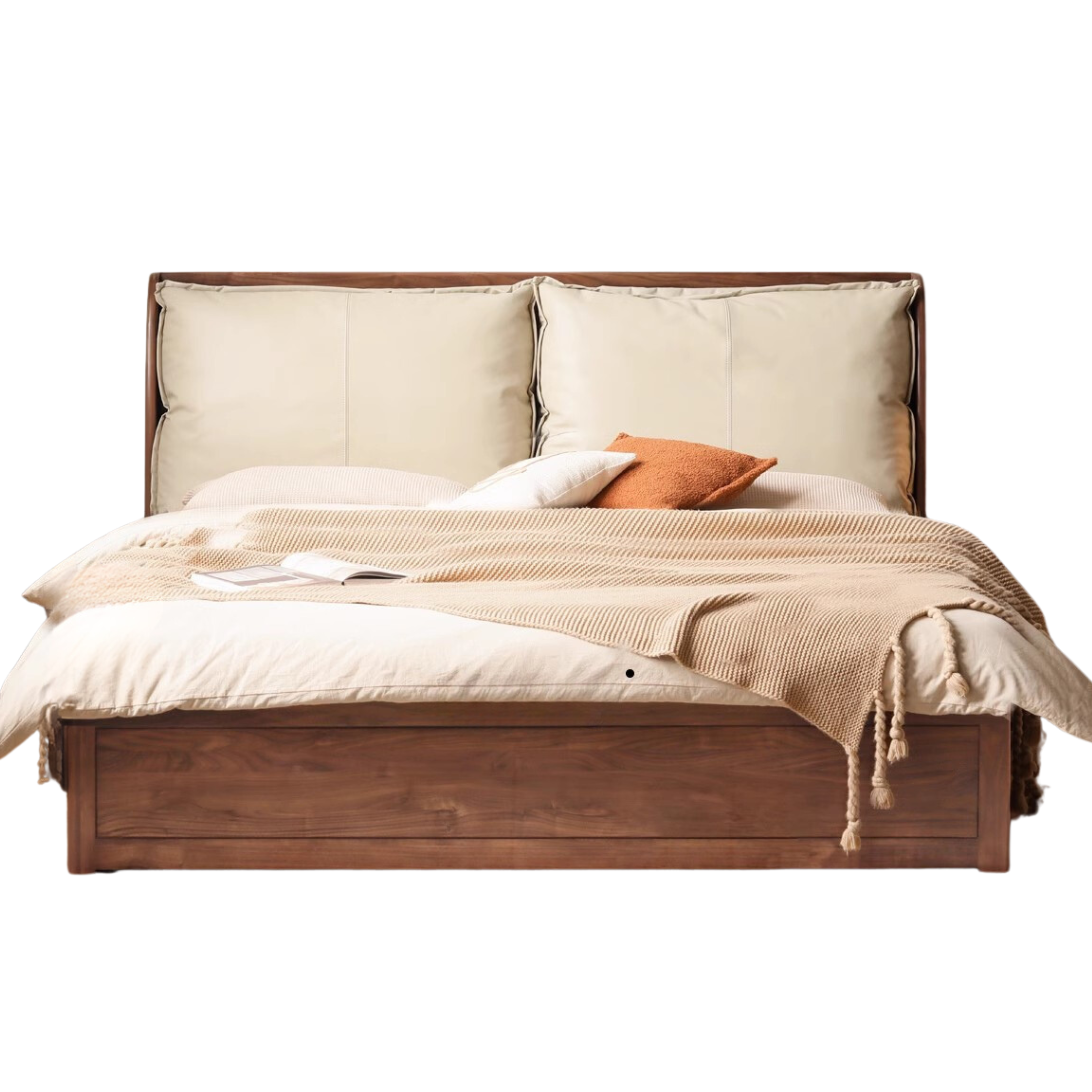 Solid Black Walnut Wood Bed with Genuine Leather Headboard - Luxury Bedroom Furniture for Master Suite, Guest Room & Modern Home Decor