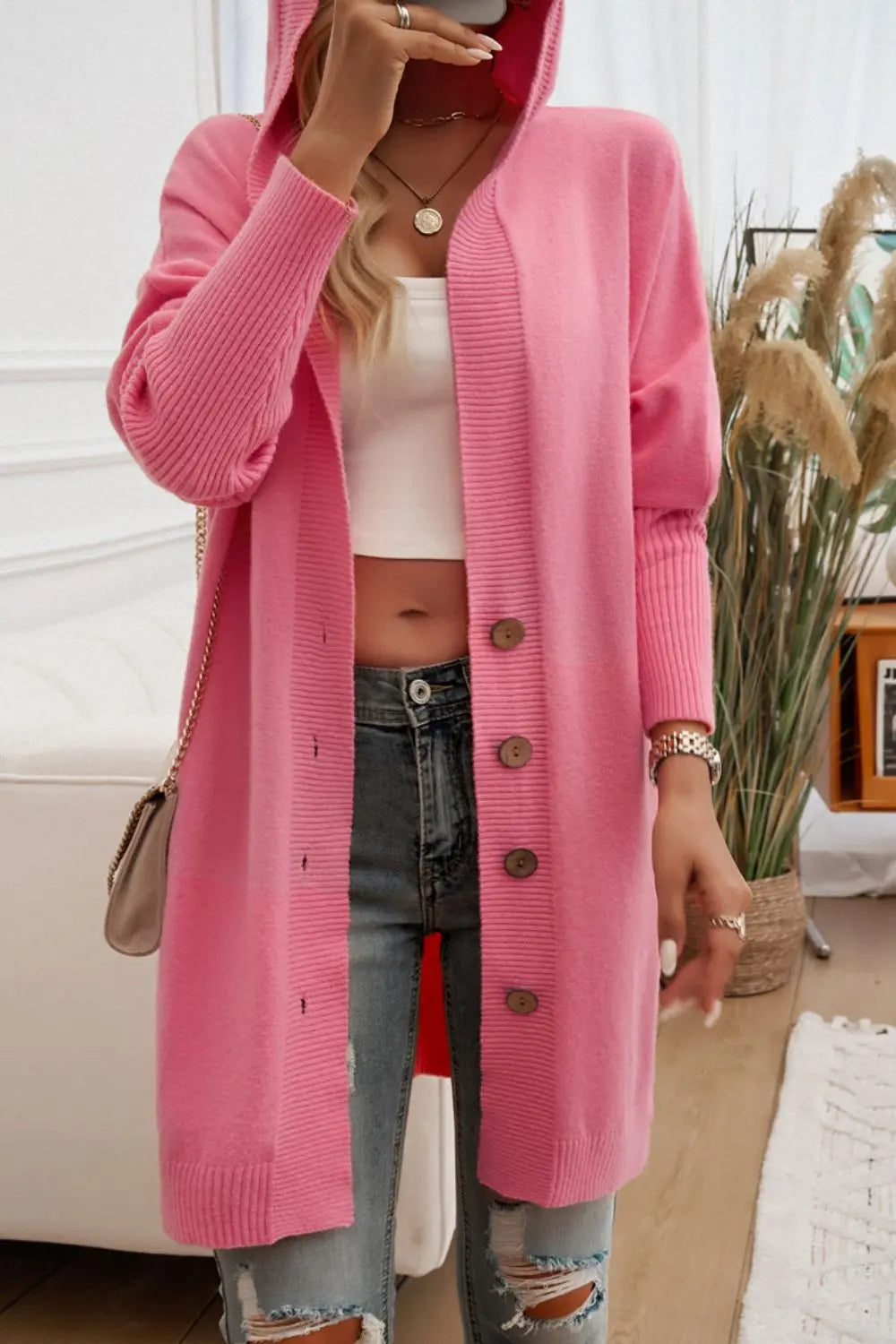 Women's Button Up Long Sleeve Hooded Cardigan Sweater - Cozy Fall & Winter Layering Piece for Casual Outfits and Office Wear