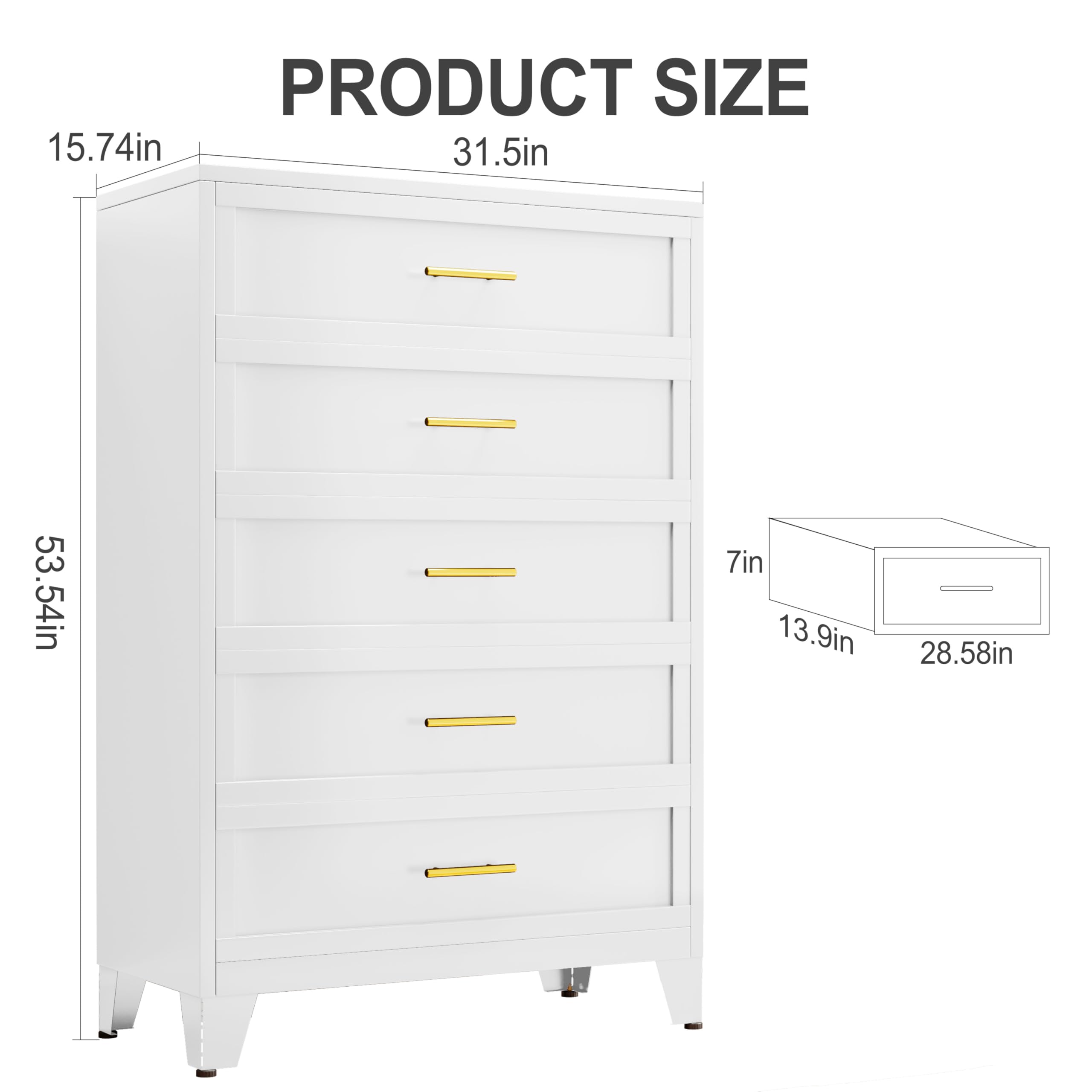 White 5-Drawer Tall Metal Dresser for Bedroom - Large Storage Chest of Drawers for Living Room, Hallway, Entryway & Home Office - Perfect for Organizing Clothes, Bedding & Office Supplies