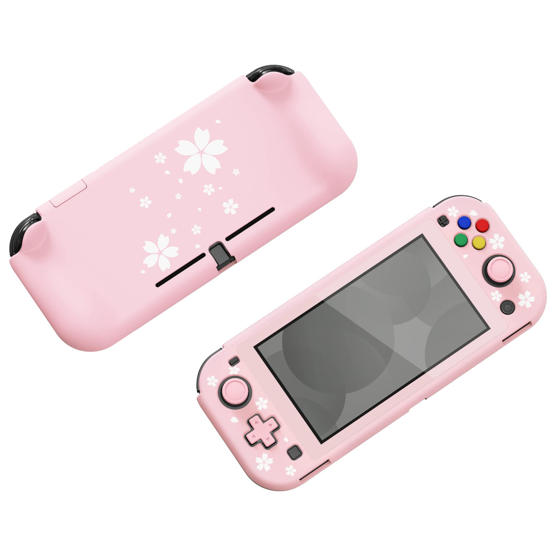 PlayVital ZealProtect Protective Case for Nintendo Switch Lite - Hard Shell Ergonomic Grip Cover with Screen Protector, Thumb Grip Caps & Button Caps - Cherry Blossom Petals Design - Perfect for Gaming, Travel & Daily Protection