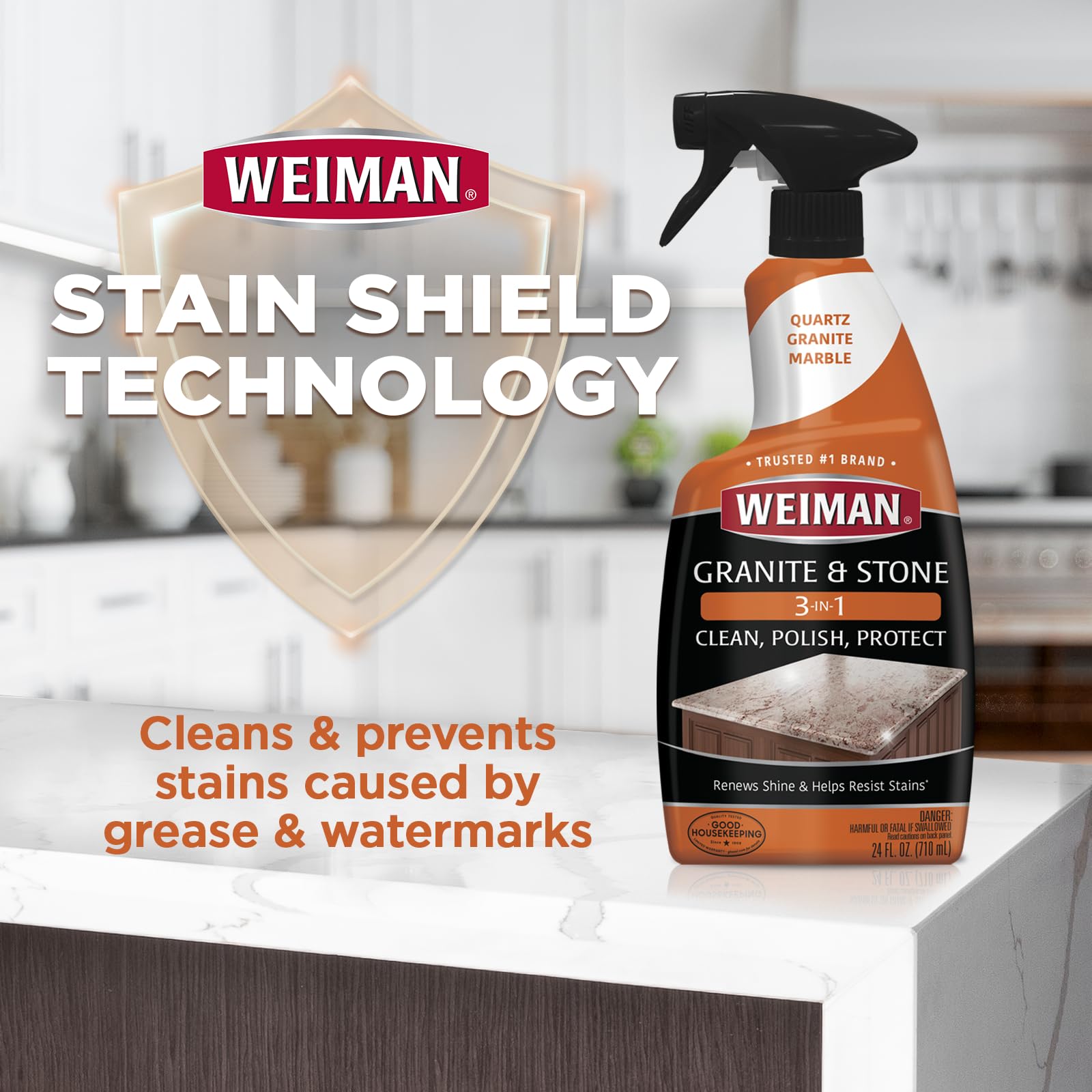 Weiman Complete Countertop Clean & Protect Kit - Granite, Marble, Quartz & Stone Cleaner, Polish & Sealer (24 oz Each) - Safe for Kitchen, Bathroom & Outdoor Surfaces