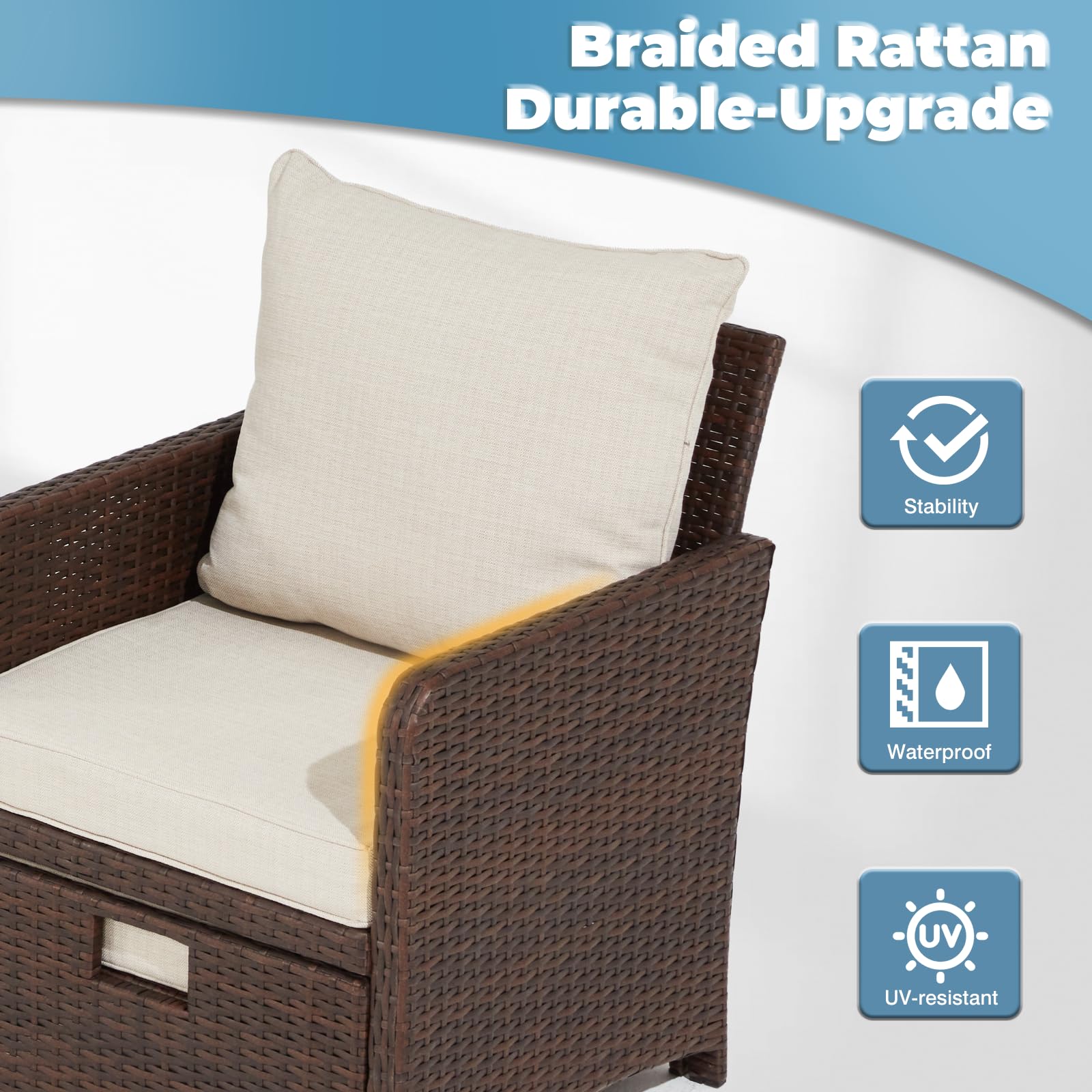 5-Piece Rattan Wicker Patio Bistro Set with Table & Ottomans - Brown & Beige Balcony Furniture for Small Outdoor Spaces | Perfect for Garden, Poolside, Backyard & Apartment Patios
