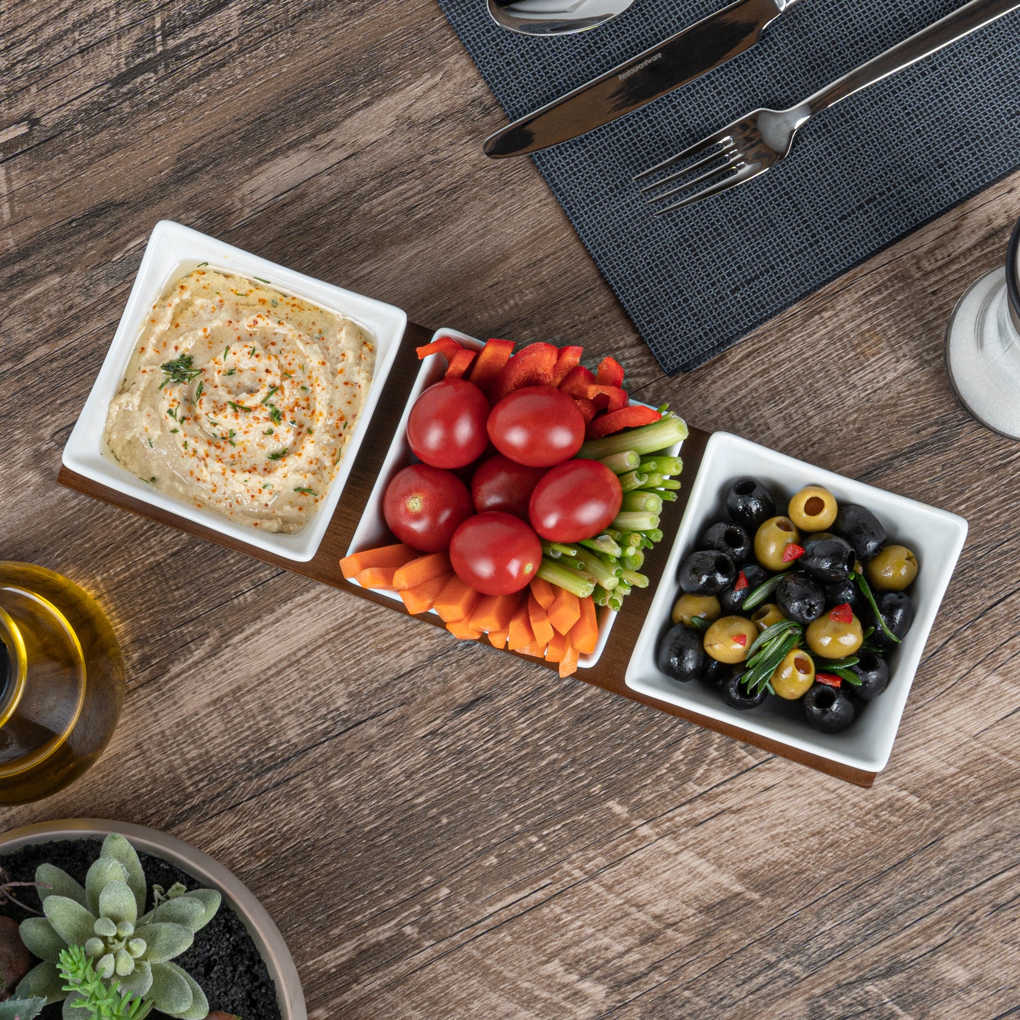 15 oz White Porcelain Cocktail Bowl Set with Bamboo Tray - 3 Rectangle Bowls (12x4x2.5 Inches) for Appetizers, Sushi & Party Snacks - Premium Dinnerware for Home & Restaurant Use