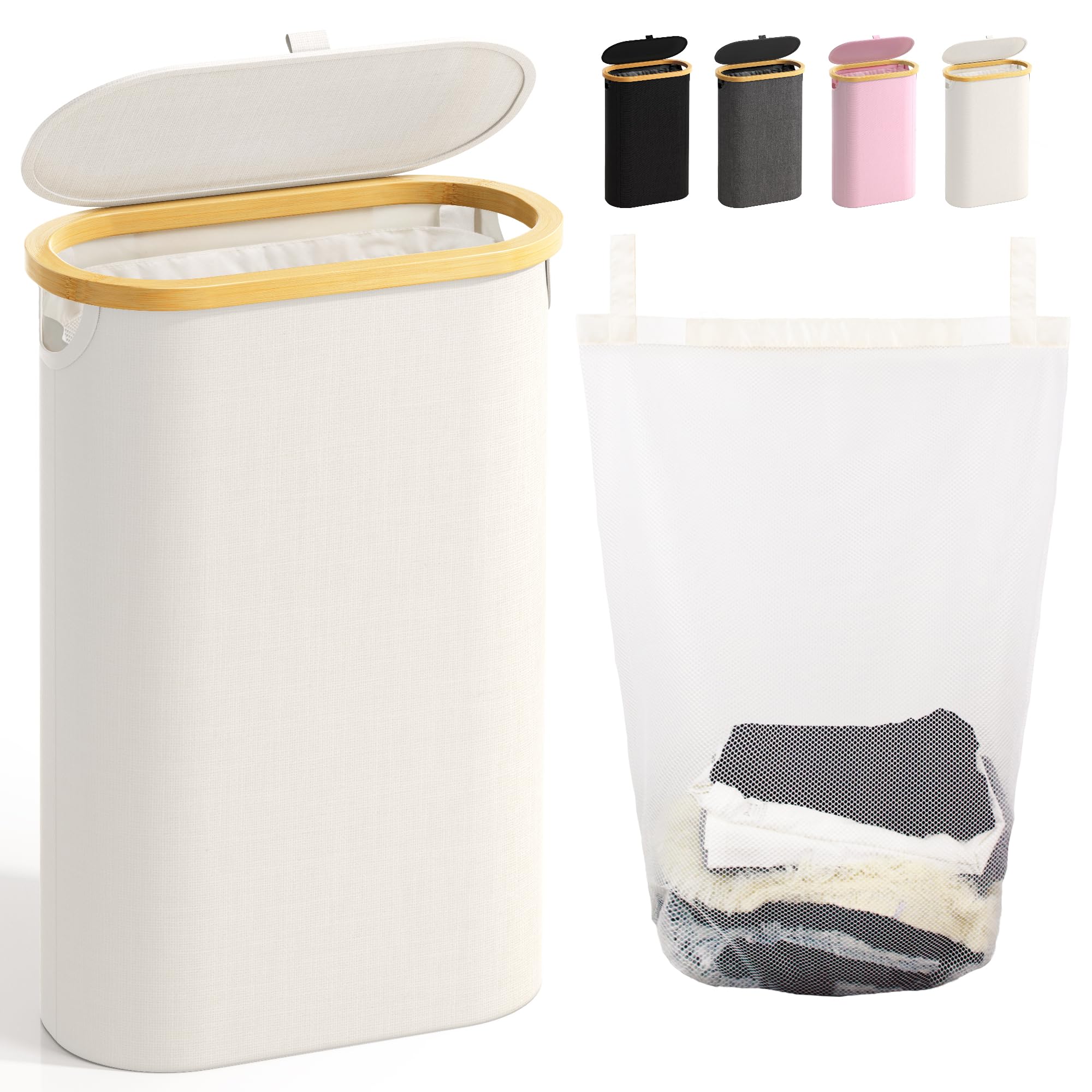 Slim Laundry Hamper with Lid - 60L Small Laundry Basket with Handles & Removable Bag - Space-Saving Dirty Clothes Hamper for Bedroom, Bathroom, Dorm - Beige Aesthetic Laundry Organizer for Home & Apartment