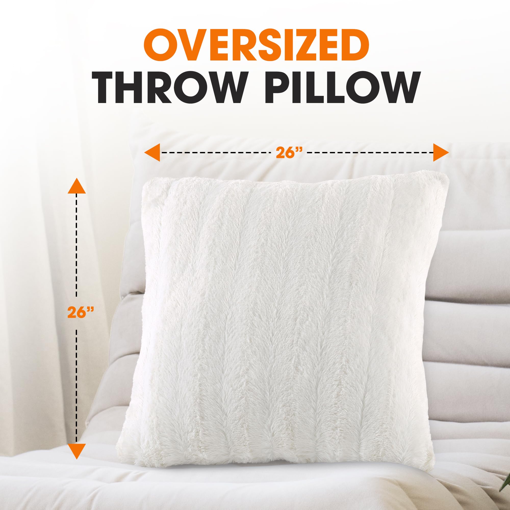 Faux Fur Throw Pillows Set of 2 - 26x26 Inch Soft Decorative Couch & Bed Pillows for Living Room & Bedroom - White Fluffy Accent Pillows for Cozy Home Aesthetic | Perfect for Sofa, Sectional, Dorm & Nursery Decor