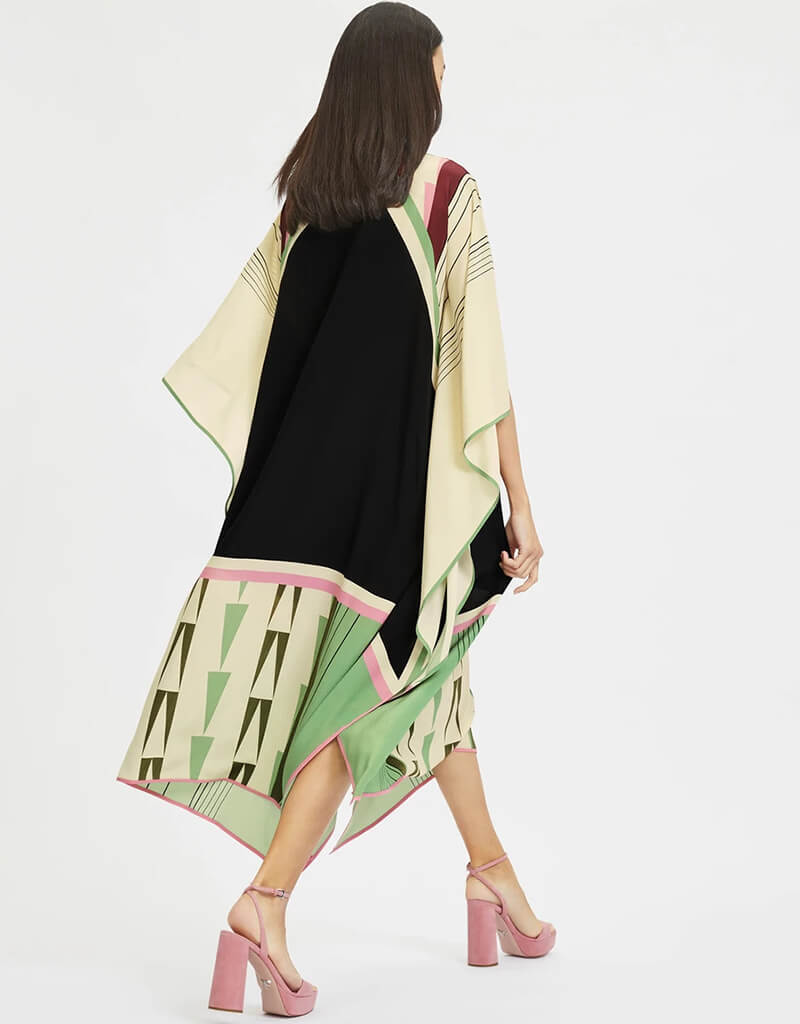 Luxury Black and Beige Silk Crepe Kaftan Dress - Elegant Flowy Maxi Kaftan for Women - Perfect for Beach Cover Up, Resort Wear & Boho Chic Outfits