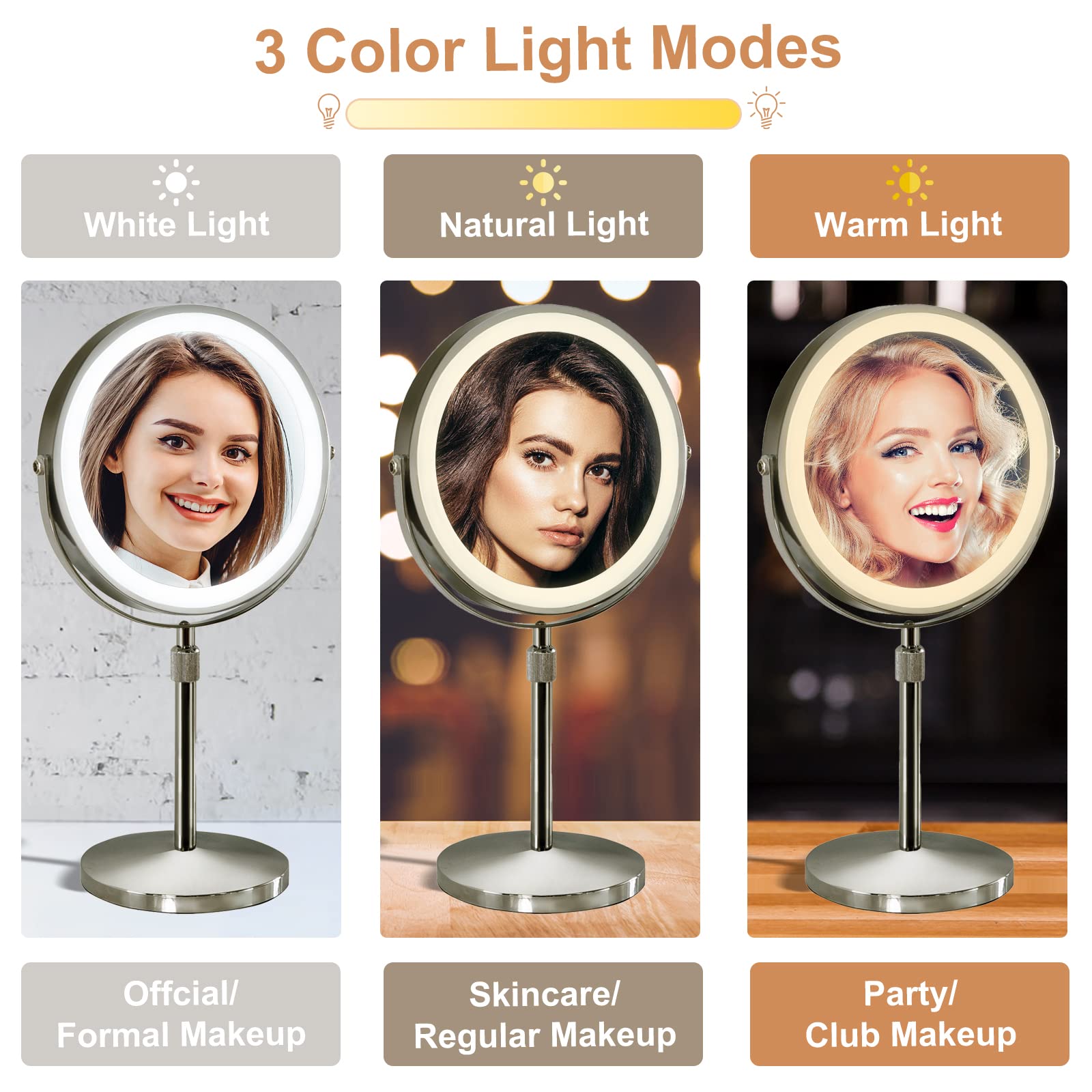 Furgatti 8 Inch Lighted Makeup Mirror with 3 Color Modes & Touch Control - 1x/10x Magnification, Adjustable Height, 4000mAh Battery - Perfect for Vanity, Dressing Room & Travel - Women's Gift (Nickel Finish)