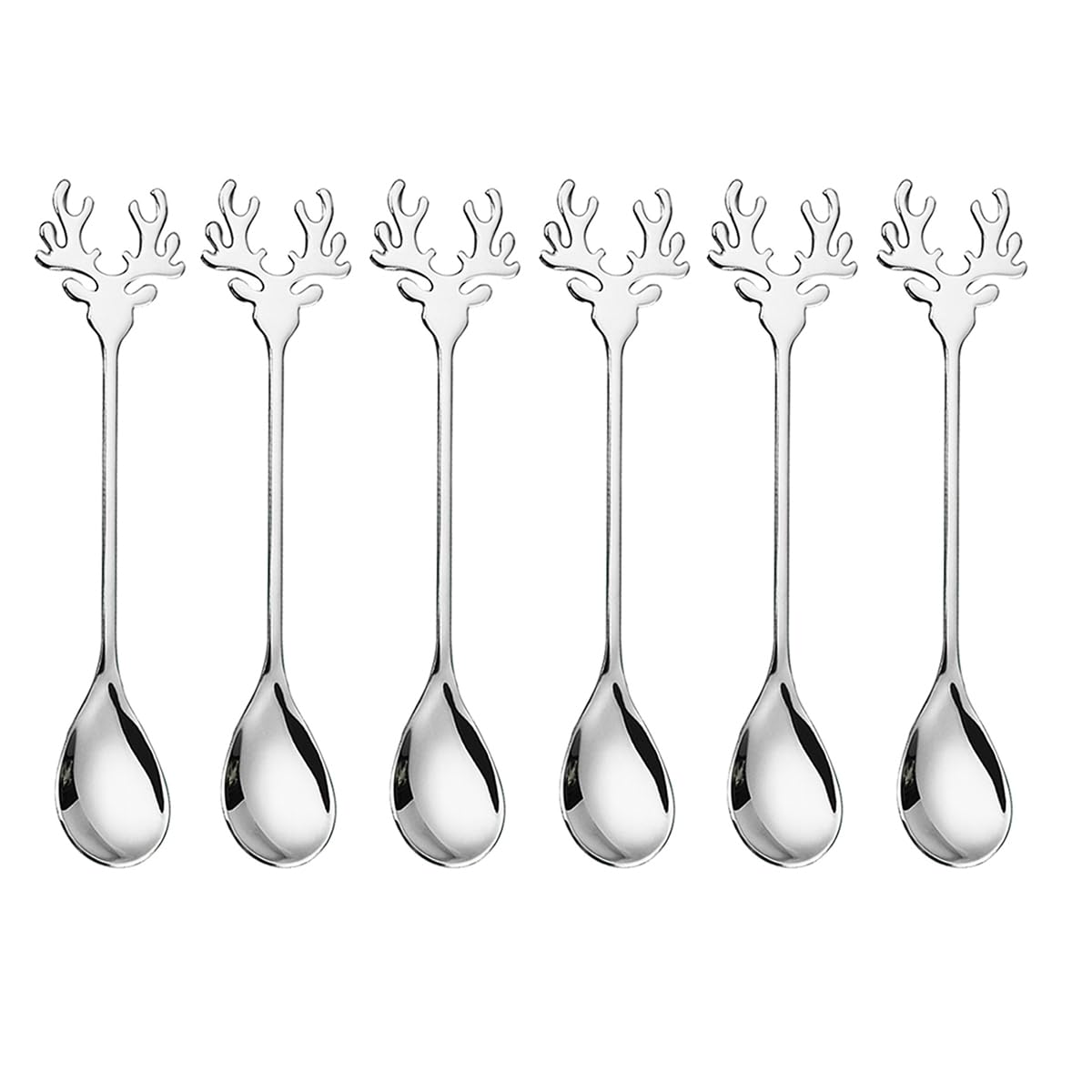 6-Piece Stainless Steel Reindeer Spoons Set - Mini Antler-Shaped Espresso Stirrers - Perfect for Coffee, Tea, Hot Chocolate & Dessert Serving