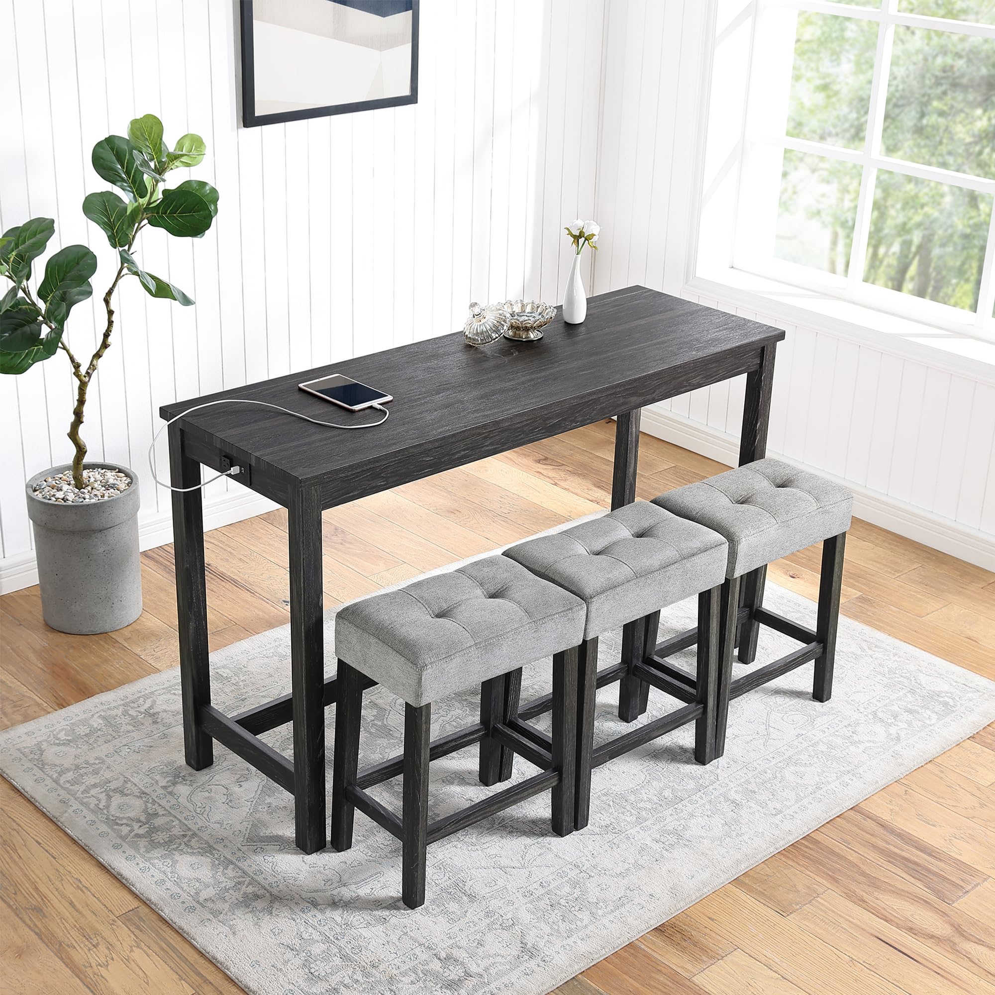 **Merax 4-Piece Bar Table Set with Power Outlet - Industrial Breakfast Table & 3 Padded Stools - Black & Gray - Perfect for Living Room, Dining Room, Game Room & Home Office**