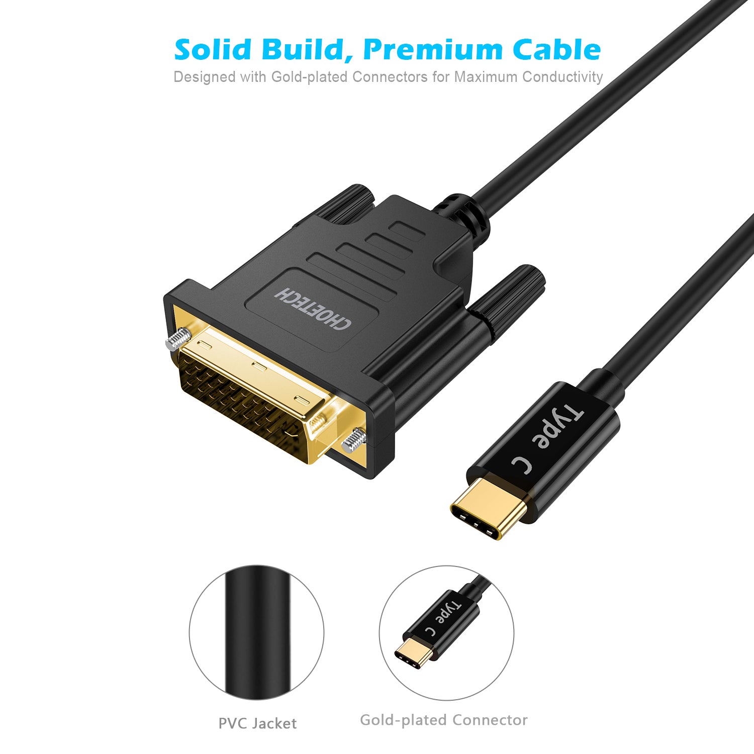 CHOETECH USB C to DVI Cable 4K@30Hz (6FT/1.8M) - USB Type C to DVI 24+1 Adapter for MacBook Pro, Dell XPS, Surface Pro - Perfect for Home Office, Gaming & Presentations