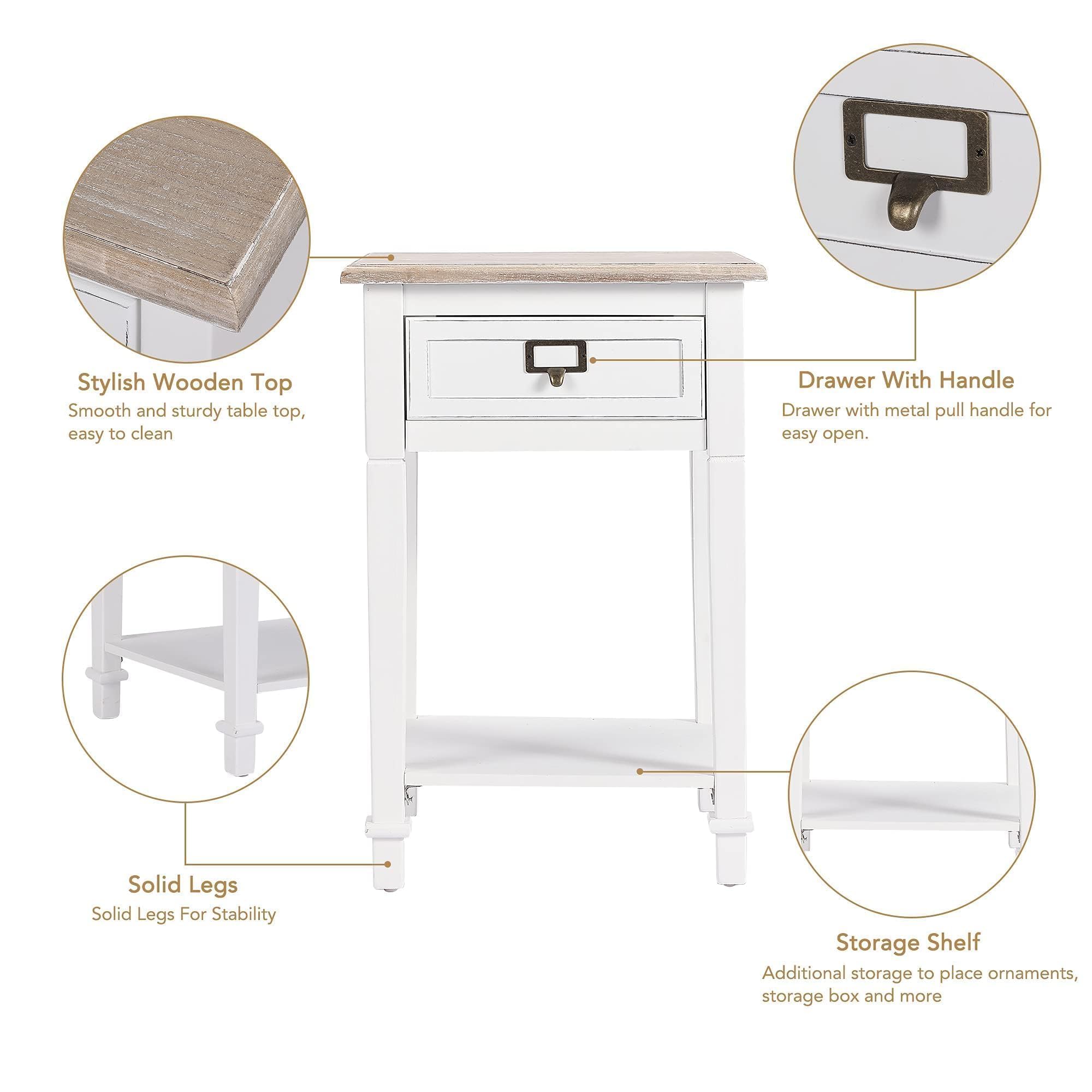 Rustic Farmhouse End Table with Drawers & Open Shelf - Handcrafted Wooden Nightstand for Living Room, Bedroom - Set of 2 White Accent Tables - Perfect for Cozy Home Decor & Small Space Storage