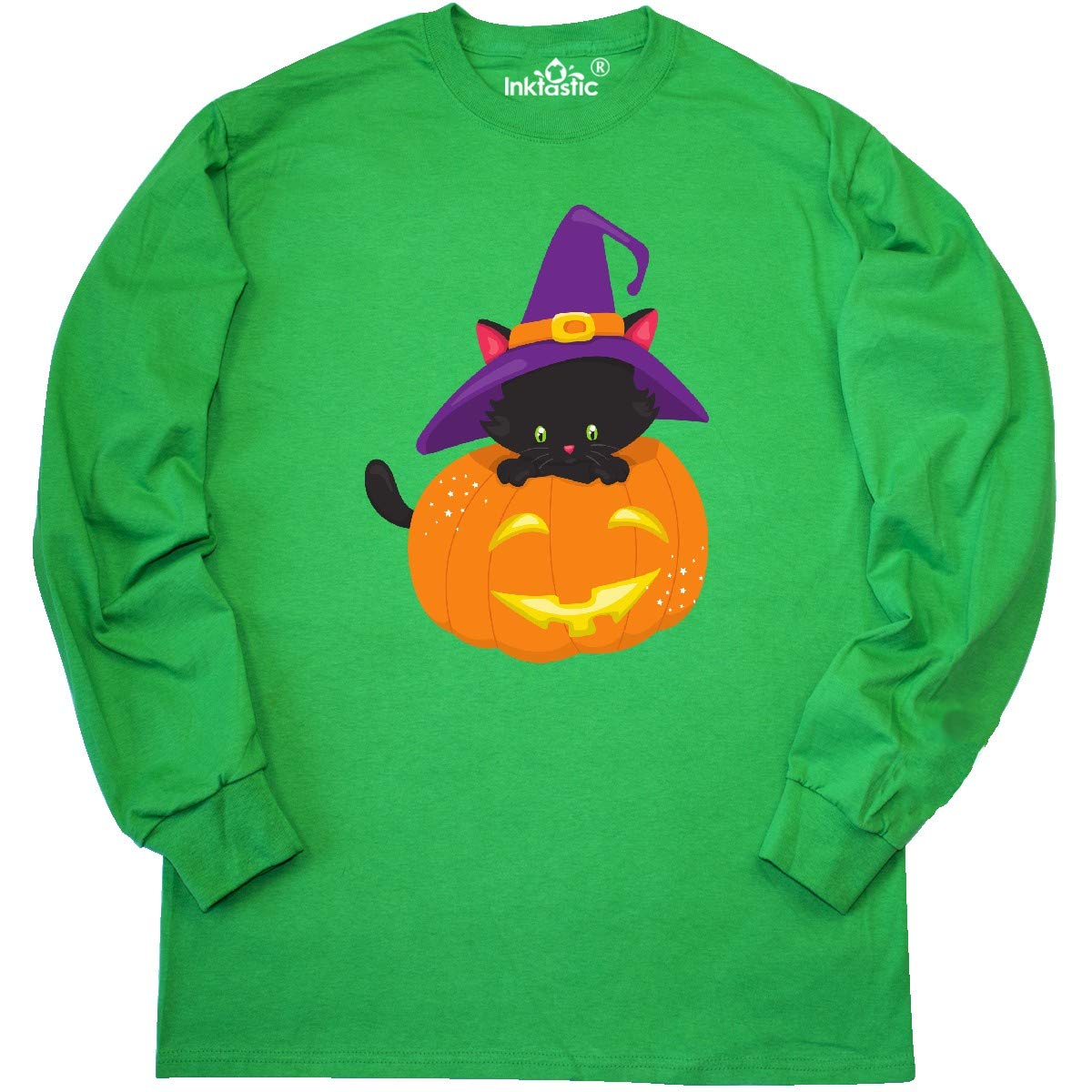 Inktastic Halloween Cat T-Shirt - Black Cat with Witch Hat & Pumpkin Design - Long Sleeve Costume Shirt for Women & Men - Perfect for Halloween Parties, Trick or Treat & Fall Festivals