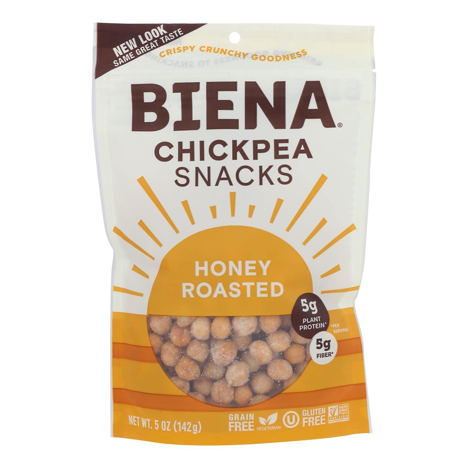 Biena Honey Roasted Chickpea Snacks - Crunchy Protein Packed Healthy Snack - 5oz Bags (Pack of 8) - Perfect for On-the-Go, School Lunches & Office Snacking